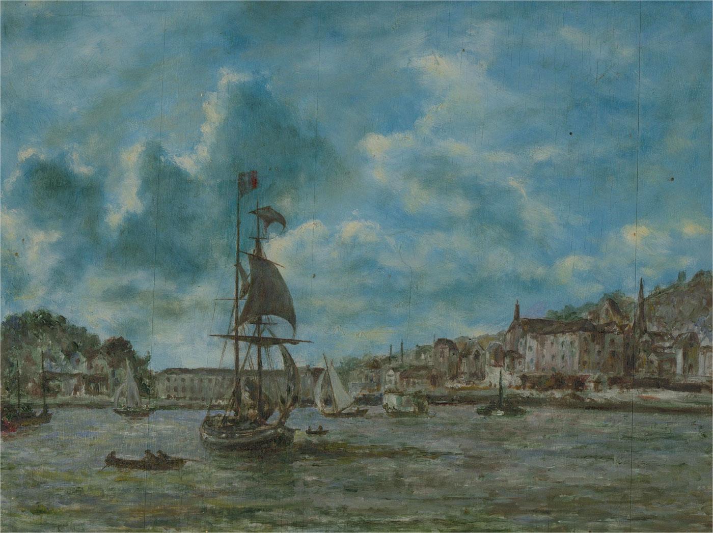20th Century Oil - Busy Harbour Scene - Painting by Unknown