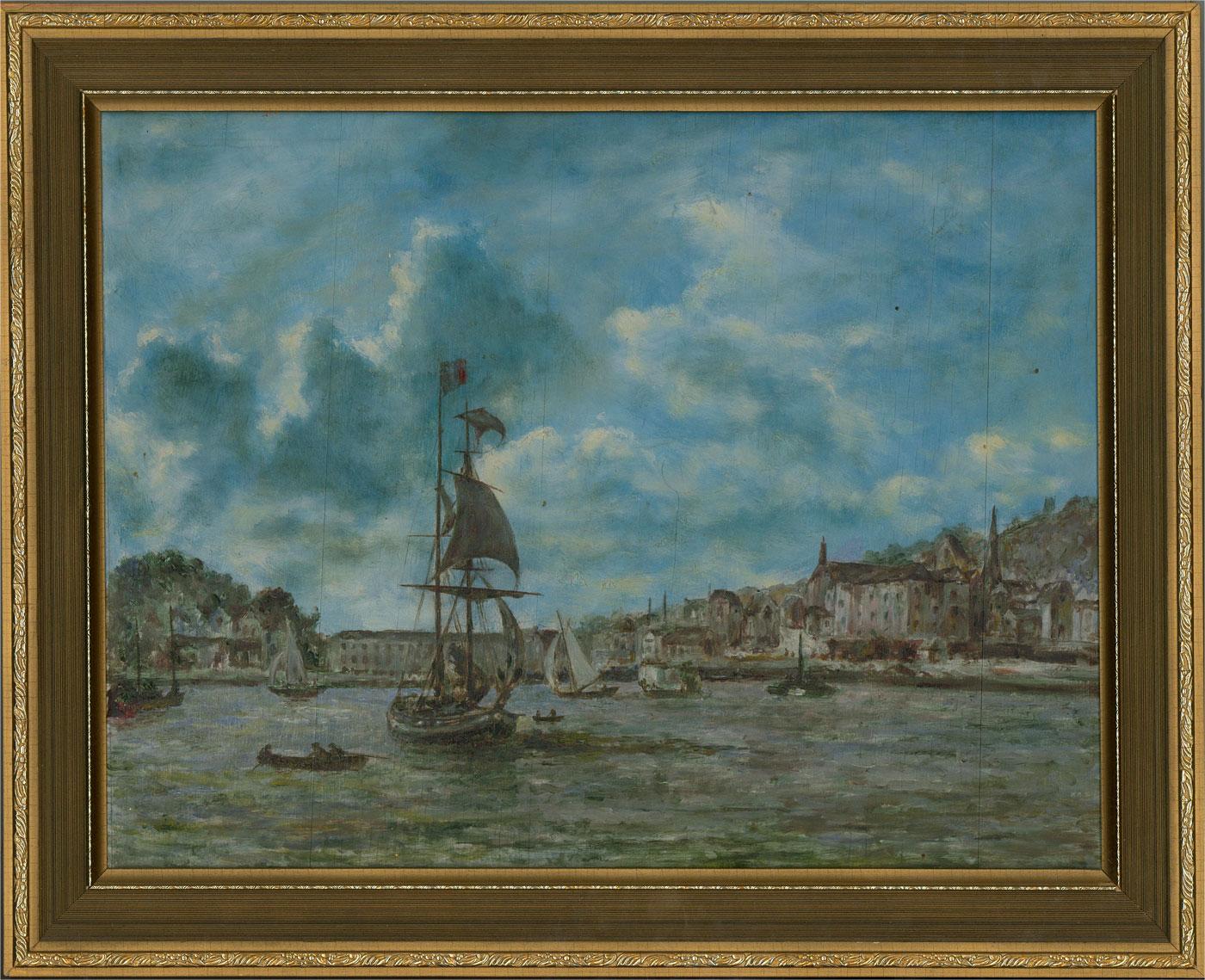 A delightful oil painting, depicting a busy harbour view. Unsigned. Well-presented in an ornate gilt effect frame, as shown. On wood panel.