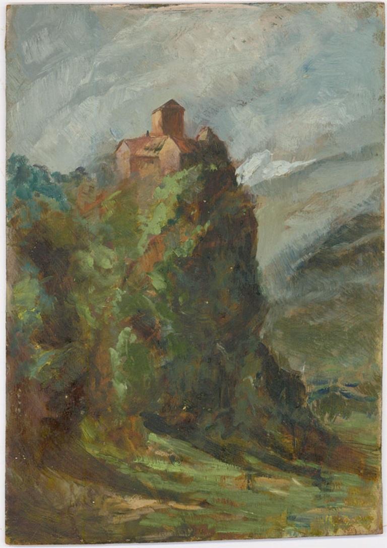 20th Century Oil - Chateau on the Cliffs - Painting by Unknown