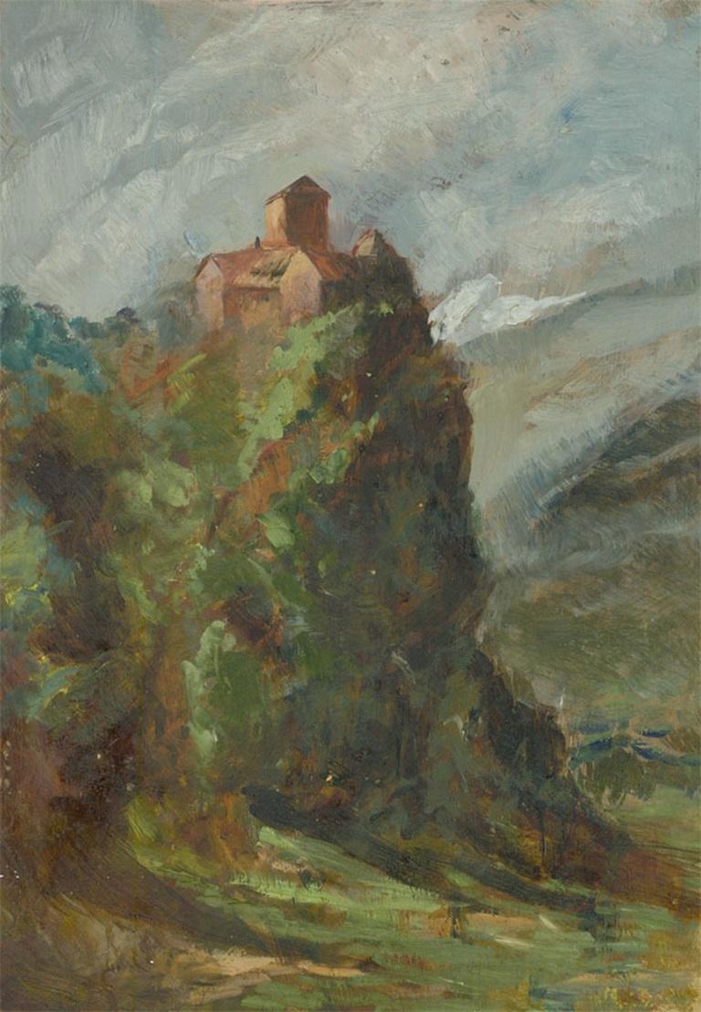 Unknown Landscape Painting - 20th Century Oil - Chateau on the Cliffs