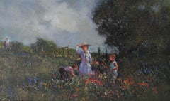 20th Century Oil - Children in a Field of Flowers