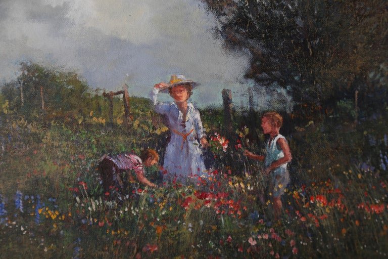 Unknown 20th Century Oil Children in a Field of Flowers For Sale at