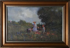 20th Century Oil - Children in a Field of Flowers