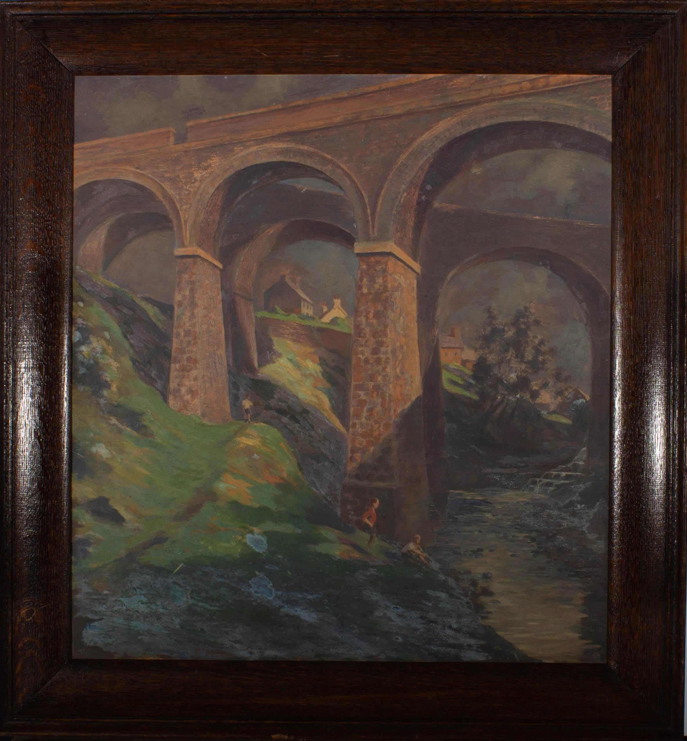 20th Century Oil - Children Playing Under Viaduct - Painting by Unknown