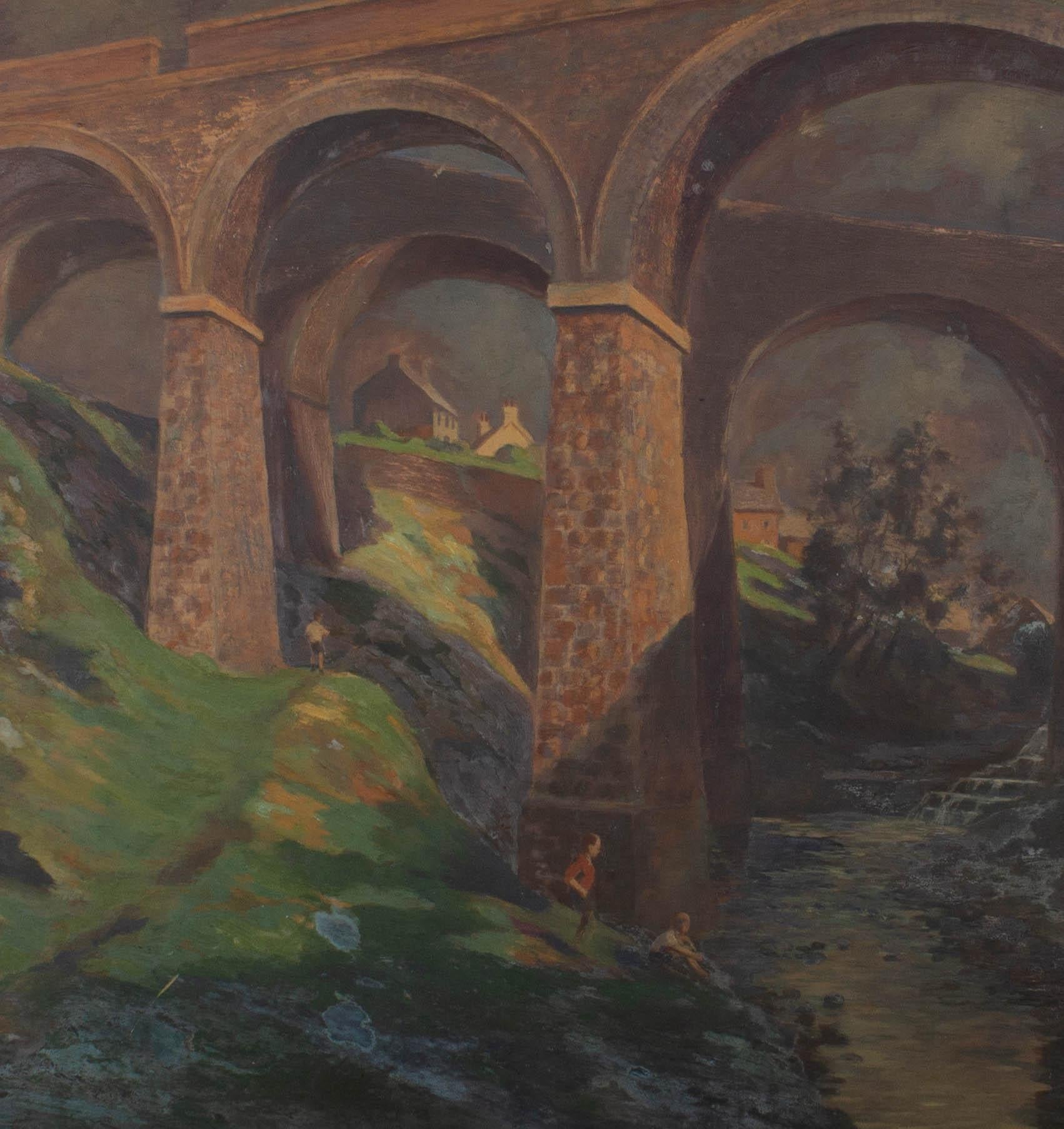 Olio del XX secolo - Bambini che giocano sotto il viadotto - Landscape Painting Nero di Unknown
