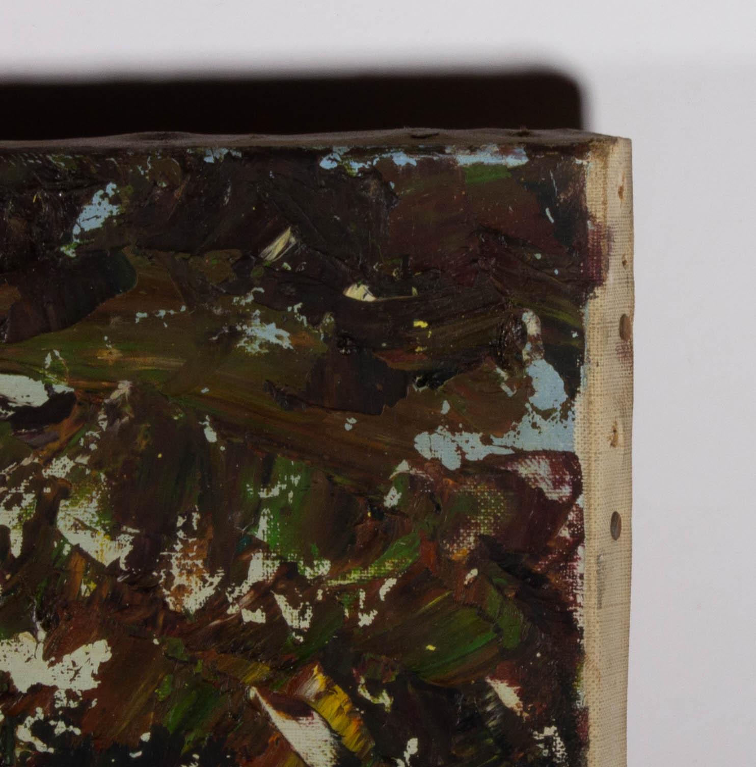Una scena costiera meravigliosamente vibrante in olio d'impasto, che mostra una costa continentale sinuosa con alberi e affioramenti rocciosi. L'artista ha apposto una firma illeggibile (forse Arnet/Henet/Renet) nell'angolo inferiore destro. Su