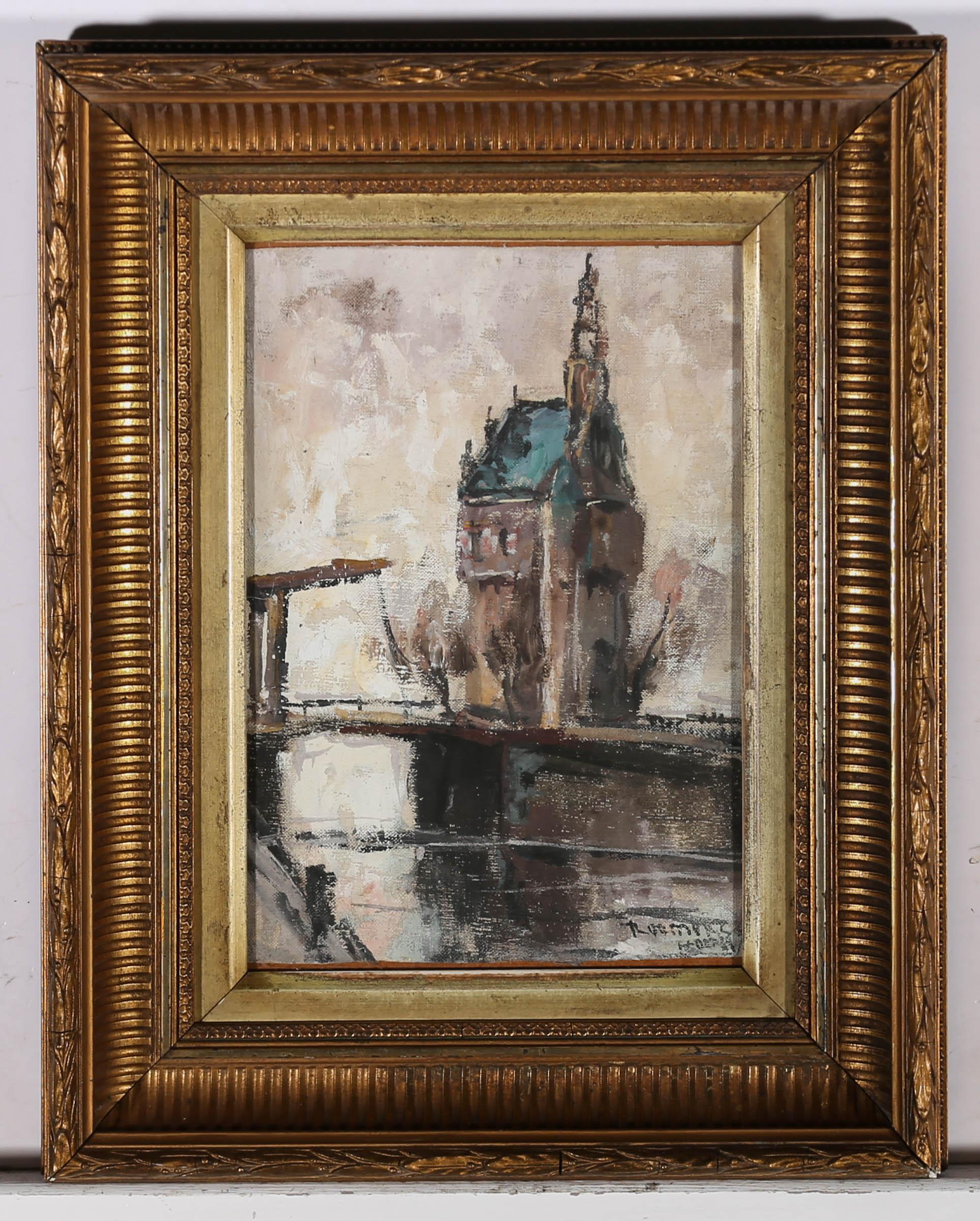 A striking oil depiction of a continental tower on a bridge. The artist has signed illegibly to the lower right corner and the painting has been presented in a handsome late 19th Century gilt frame with laurel and berry molding, a fluted cove and