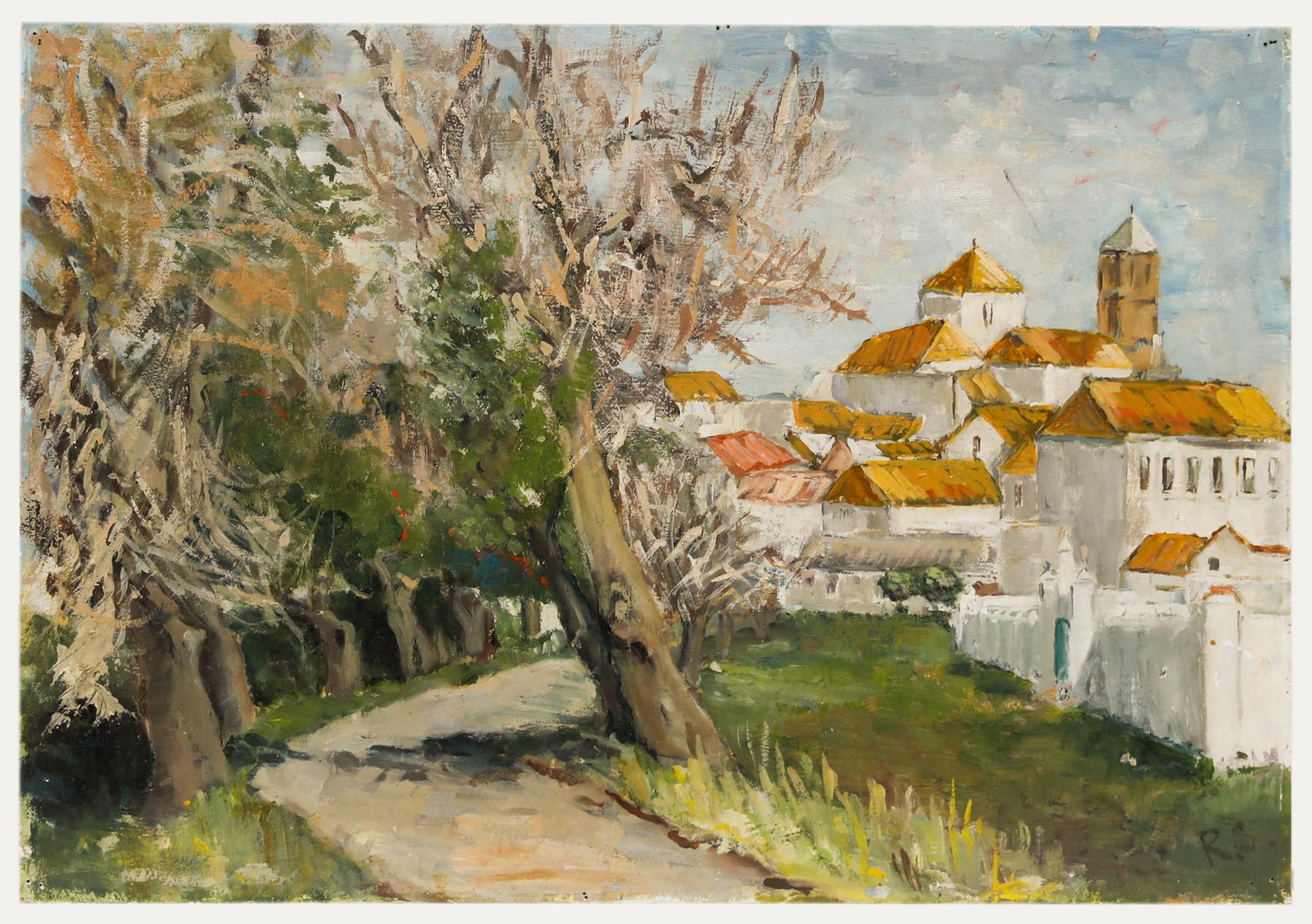 Huile du 20e siècle - Vue d'une ville continentale - Painting de Unknown