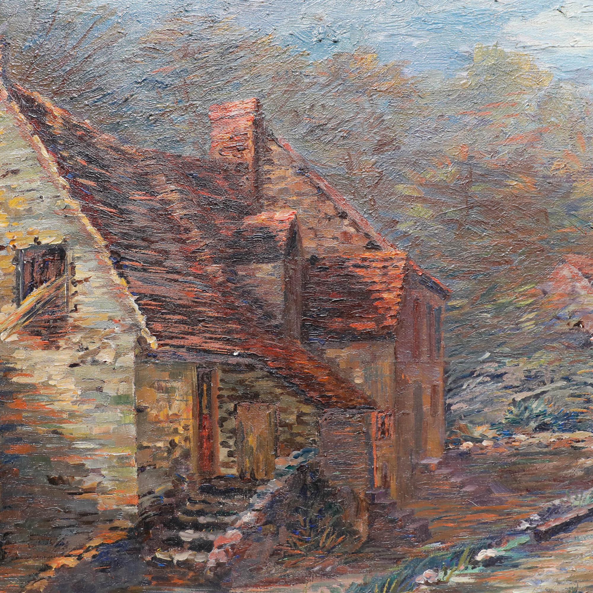 This intimate landscape painting depicts a rustic cottage with weathered stone walls and a red-tiled roof, nestled among autumn trees with golden and amber foliage. The artist employs warm earth tones and loose brushwork to create an atmospheric