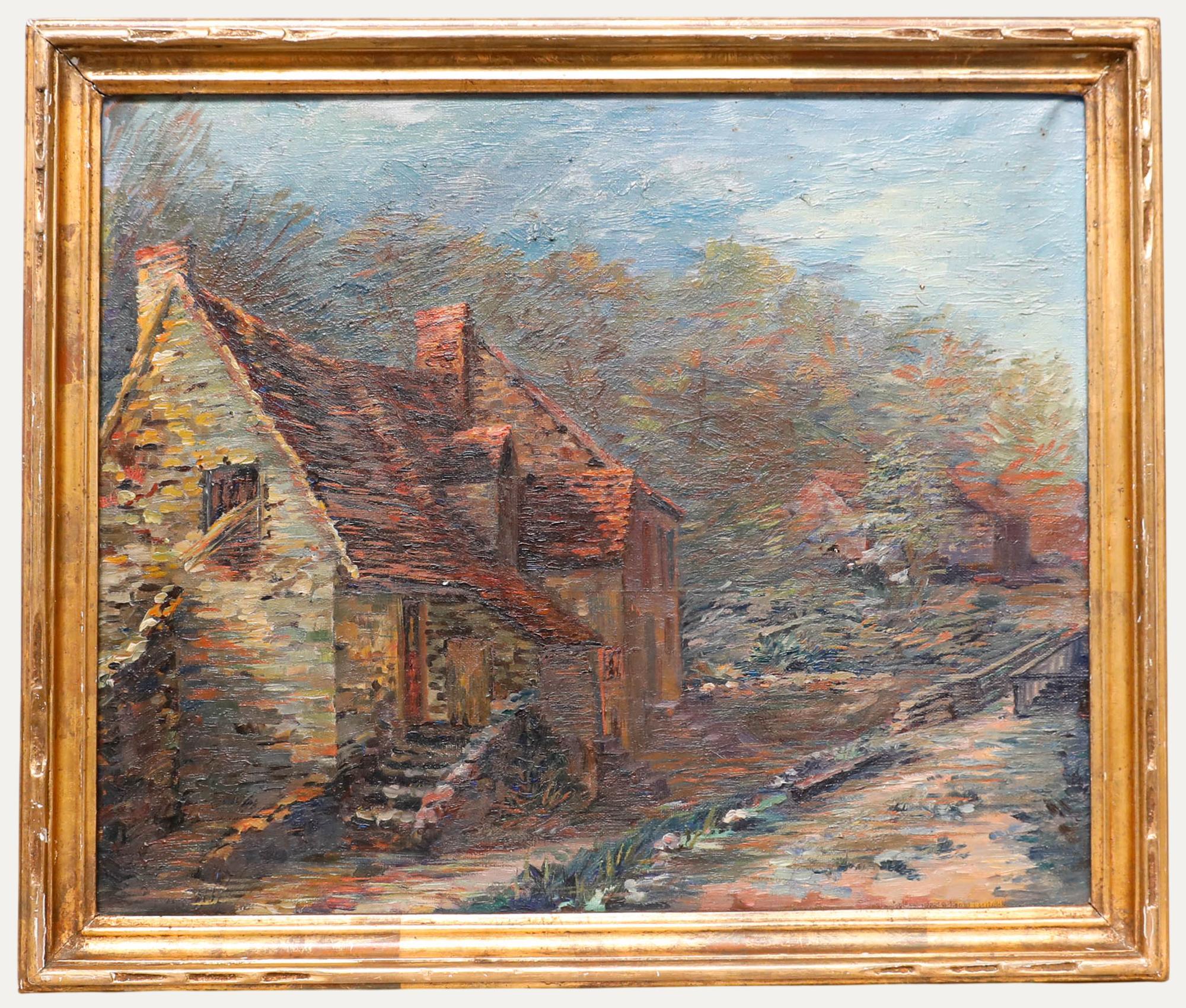 Huile du 20ème siècle - Cottage à la campagne