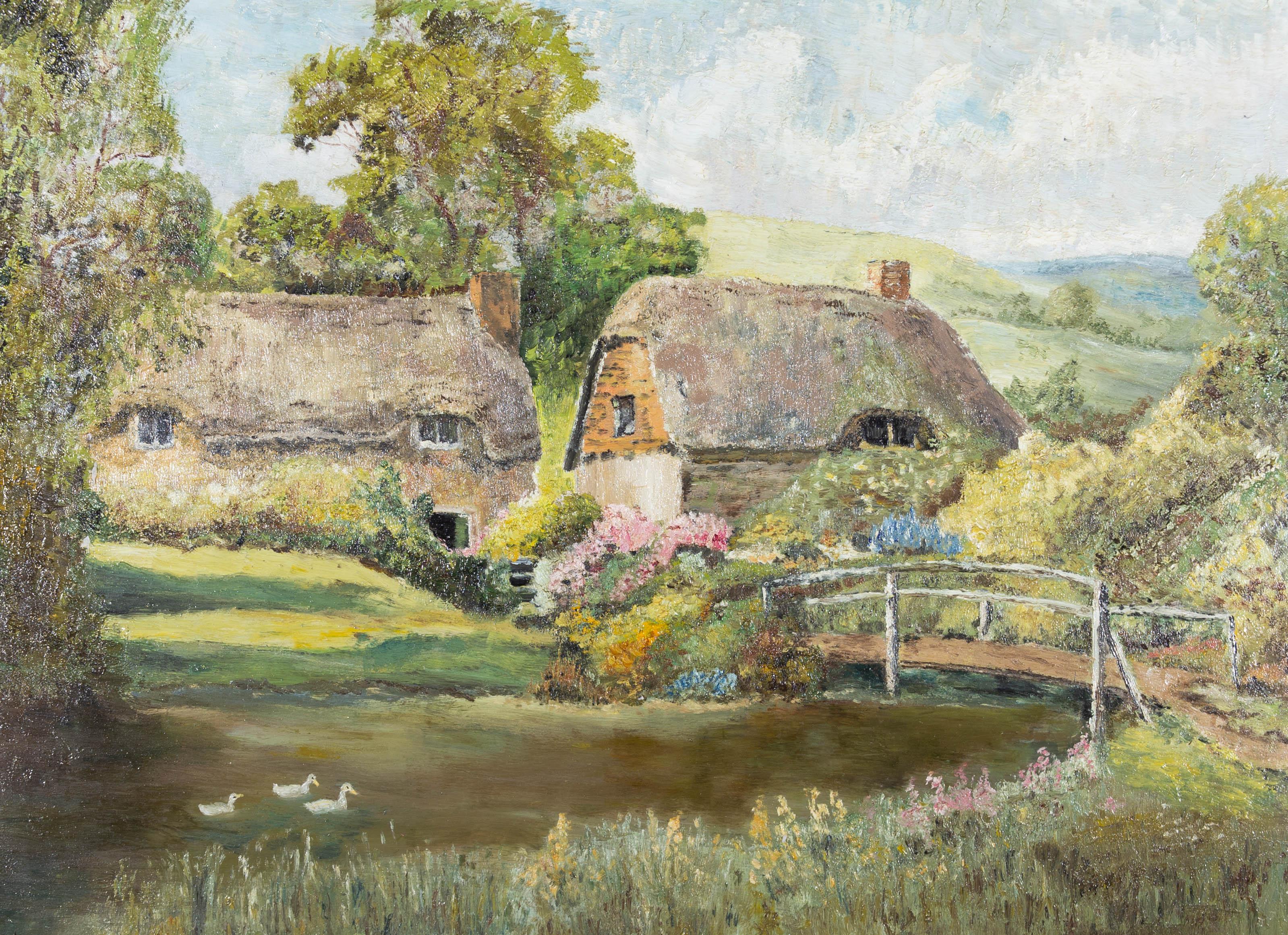 A delightful country scene with two thatched cottages sitting on the edge of a pond. Summer flowers bloom in the quaint country a gardens and ducks float on the calm water. Unsigned. Presented in a painted cream wood frame. On board.
