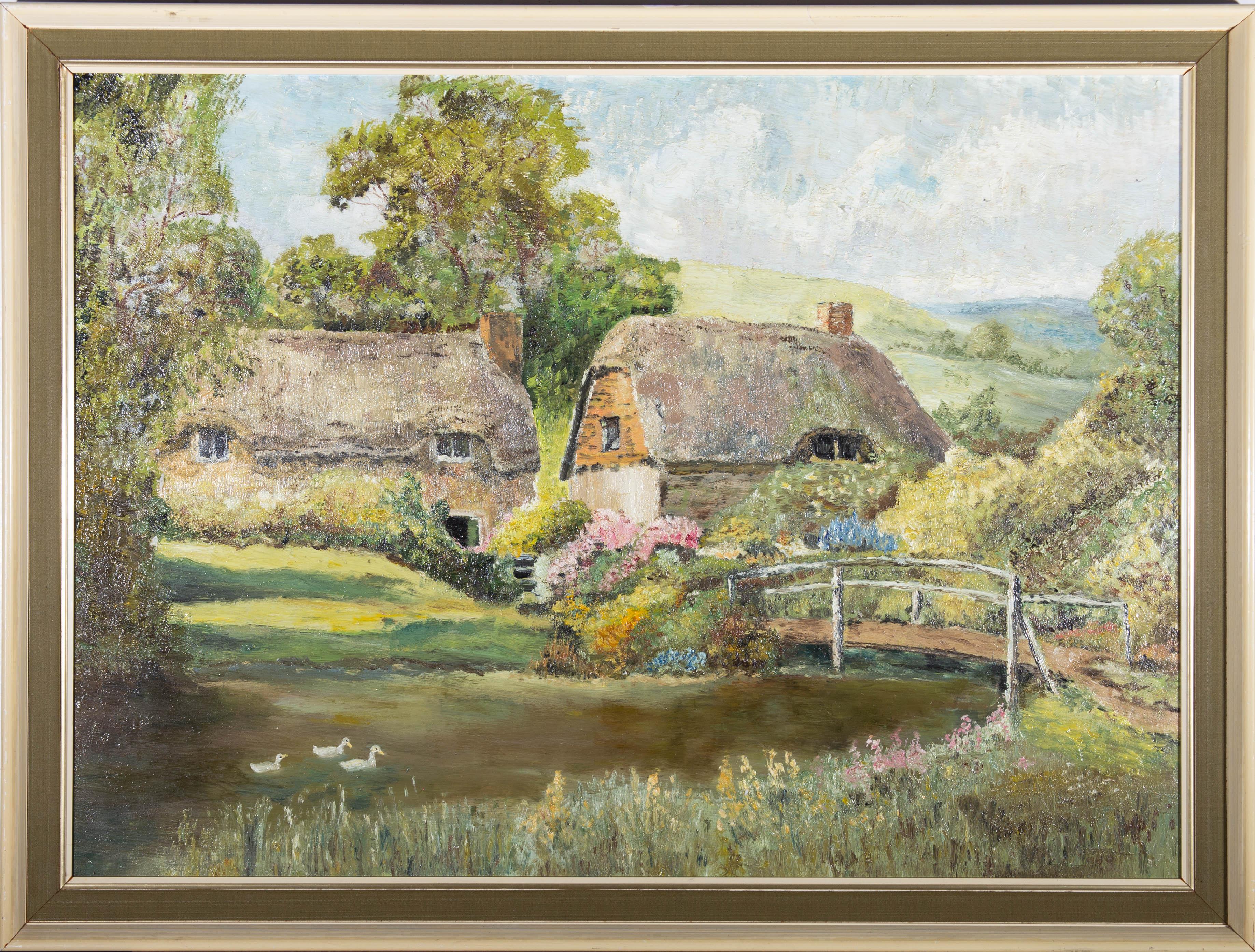 Unknown Landscape Painting - 20th Century Oil - Cottages by the Pond