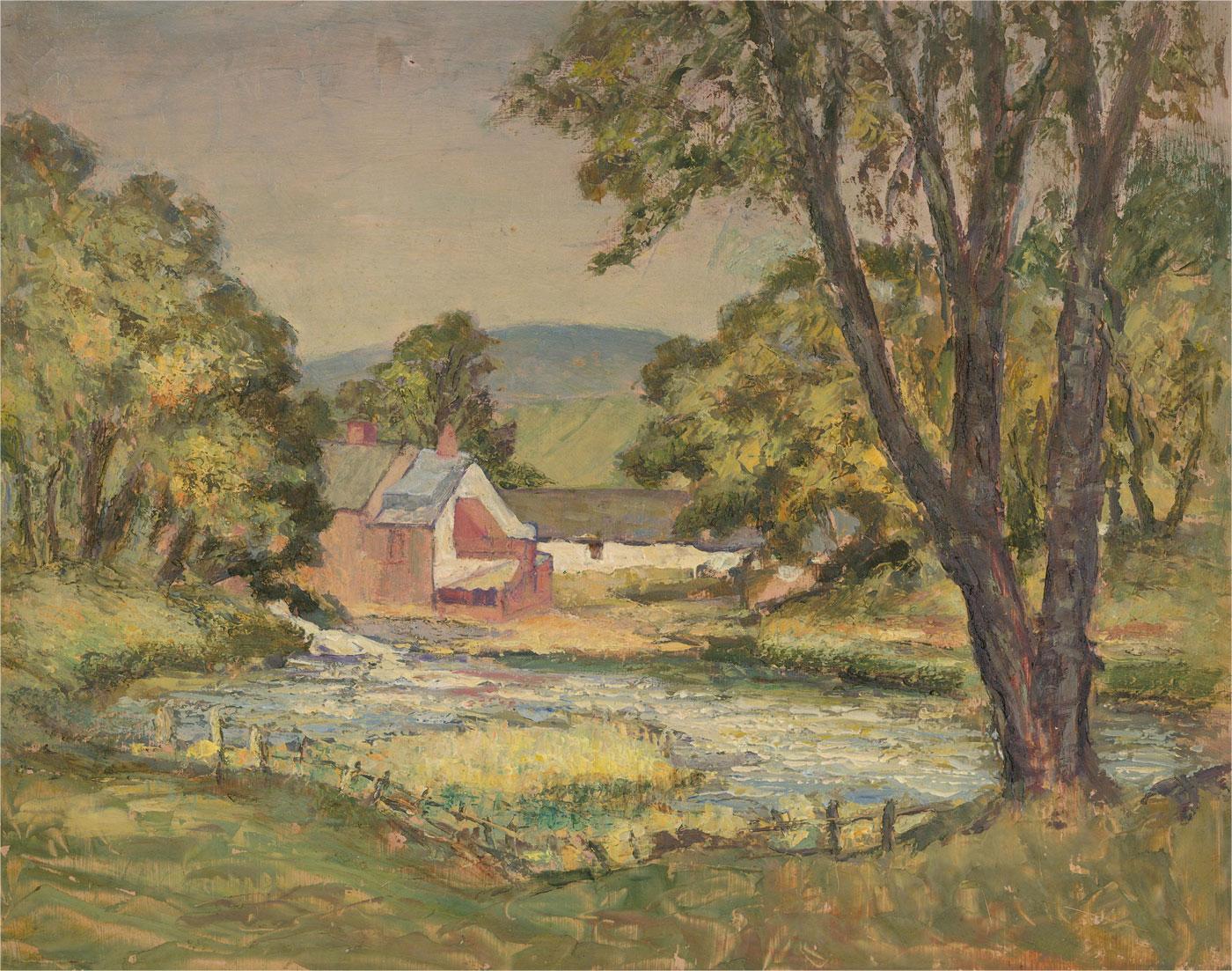 20th Century Oil - Countryside View with Pond - Painting by Unknown