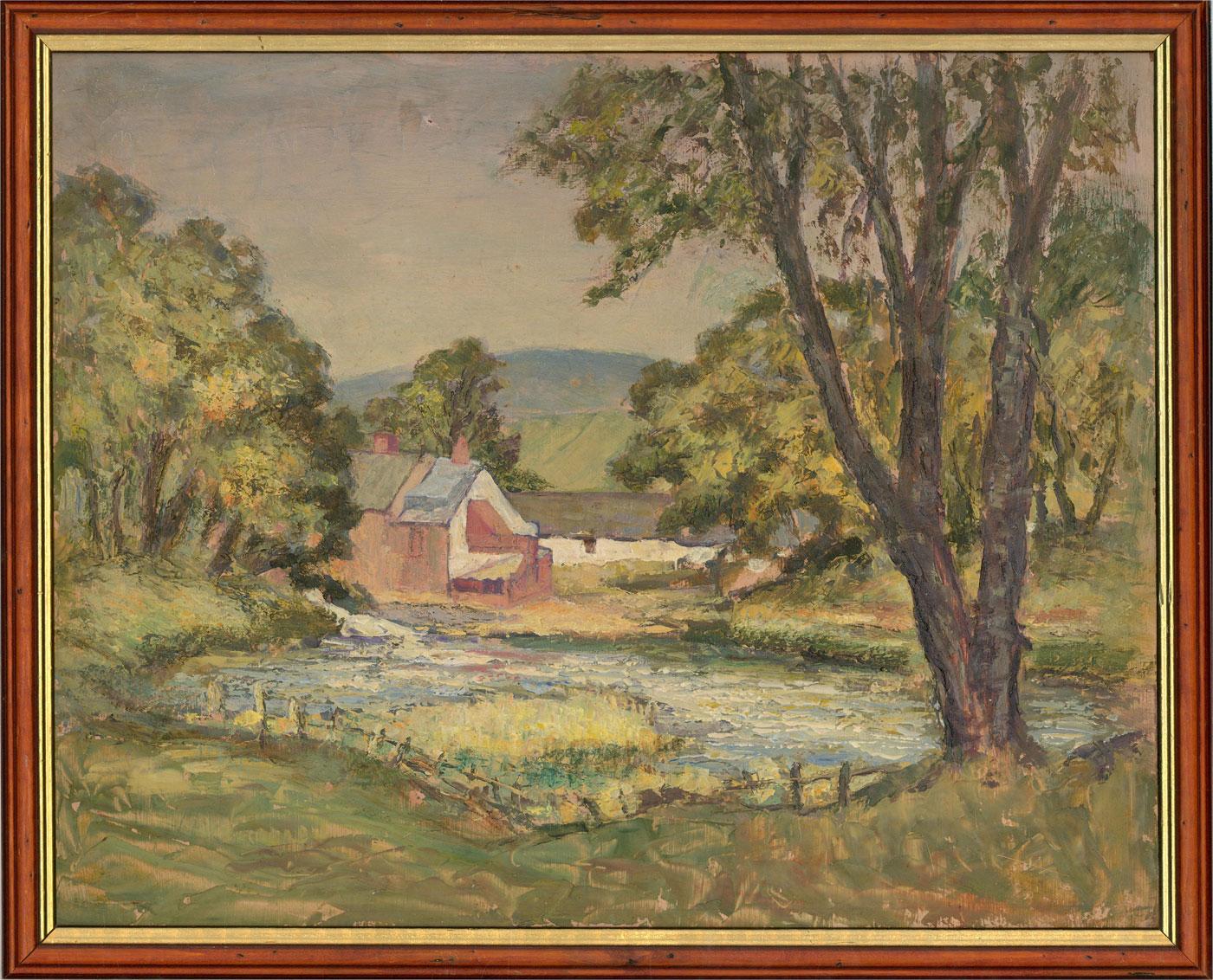20th Century Oil - Countryside View with Pond - Brown Landscape Painting by Unknown