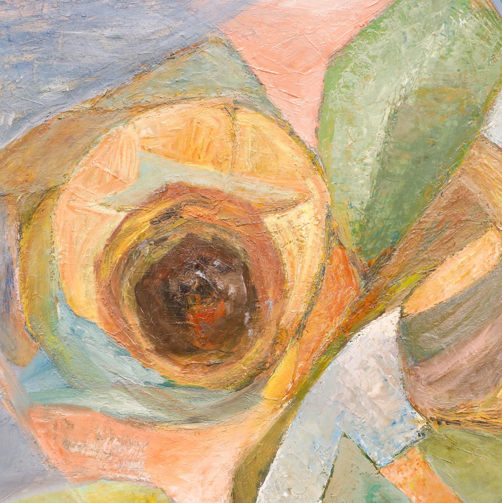This vibrant painting depicts an abstracted floral composition featuring stylised sunflowers rendered in bold, overlapping planes of colour. The artist employs an impasto cubist approach with geometric fragmentation and colour blocking that