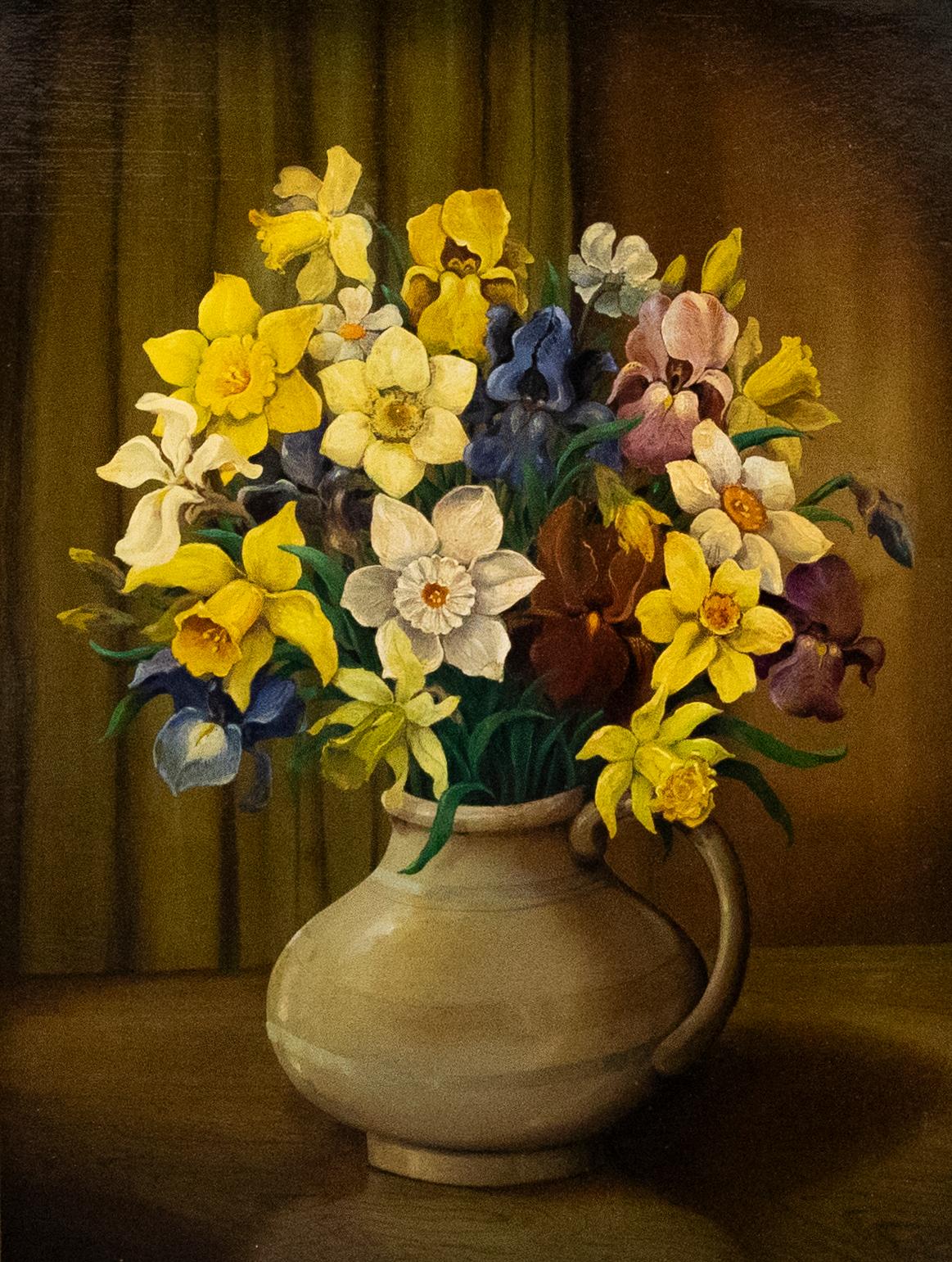 Huile du 20e siècle - Jonquilles et iris - Painting de Unknown