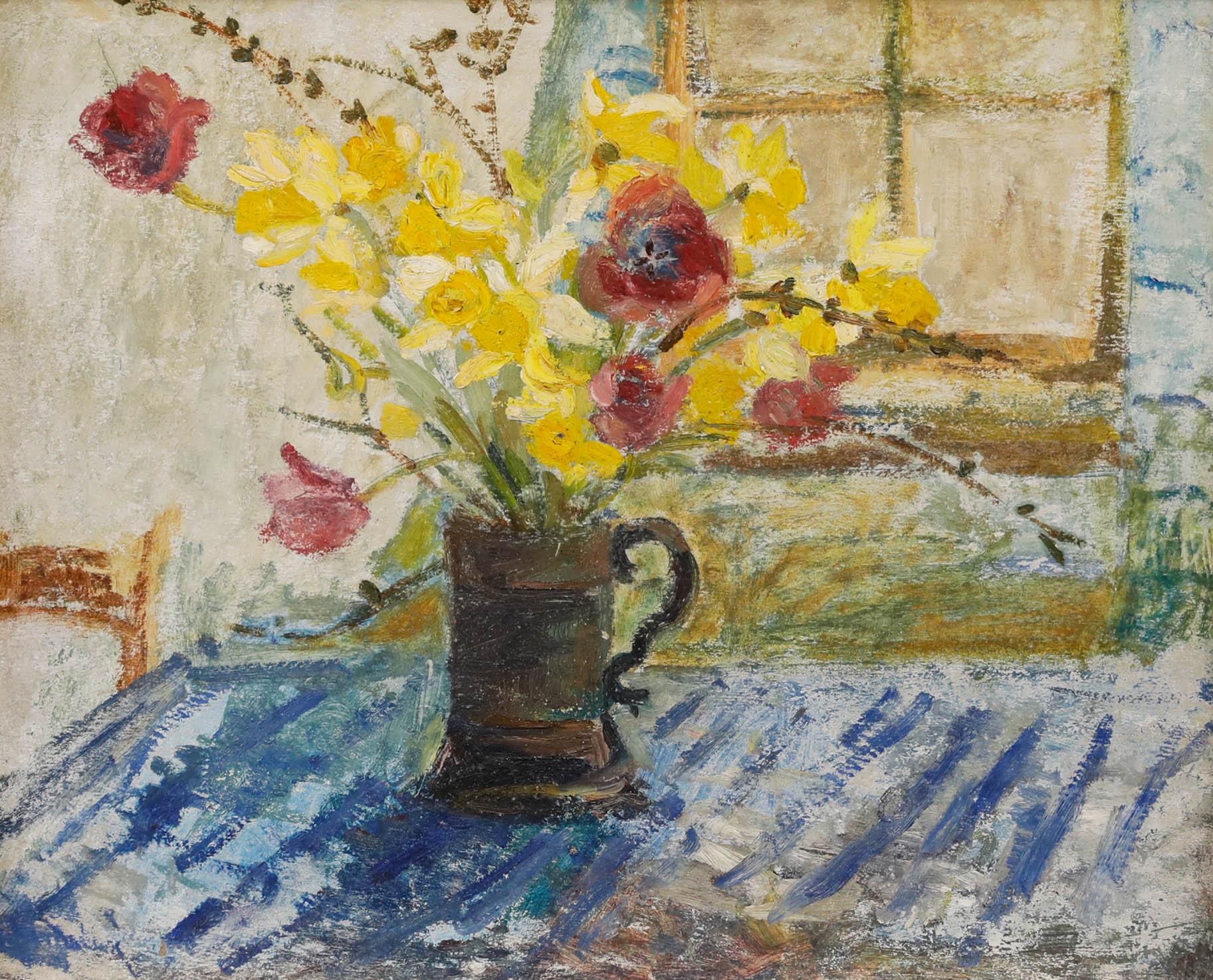 20th Century Oil - Daffodils and Poppies - Painting by Unknown