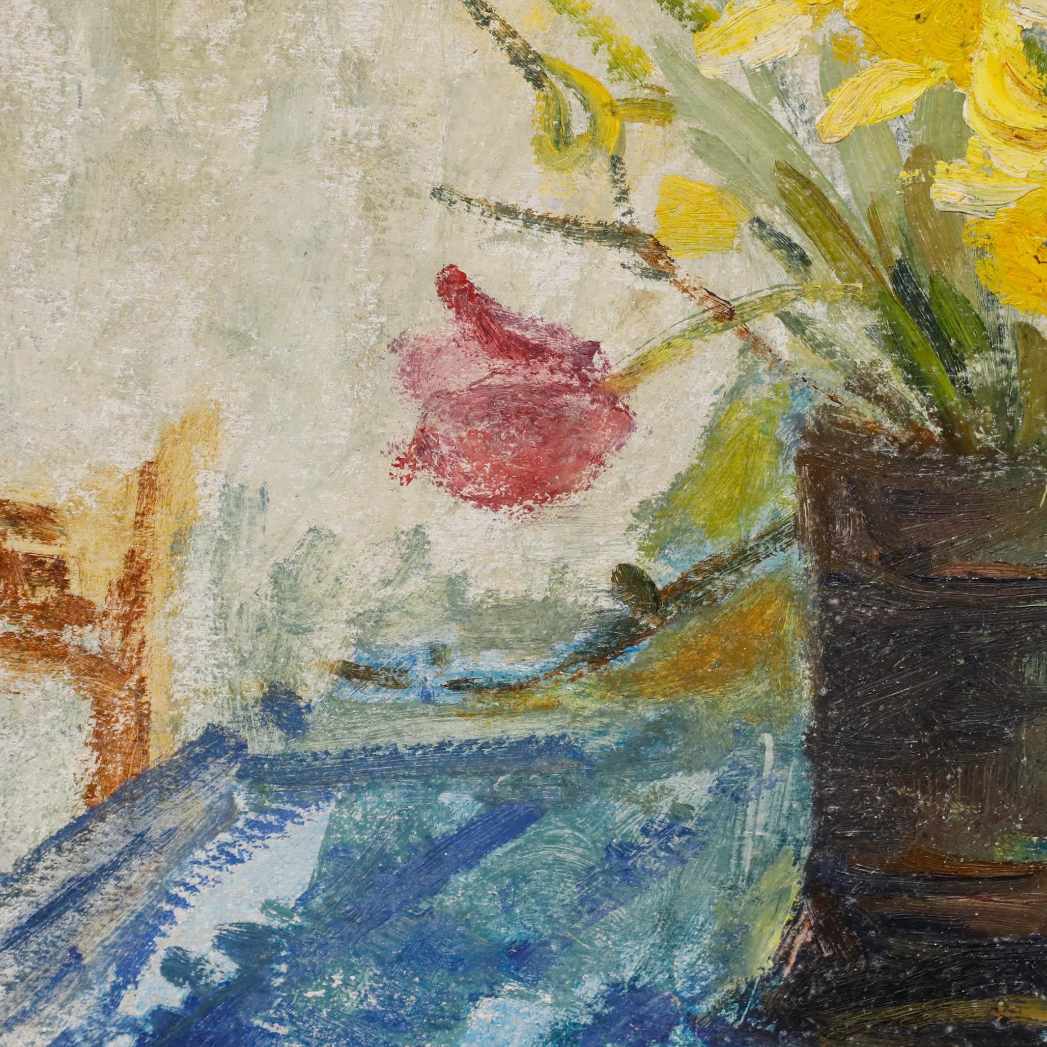 This impressionistic still life features a vibrant bouquet of yellow daffodils and deep red poppies arranged in a dark, rustic jug. Unsigned. Presented in a wooden frame with a material cove. On board. 