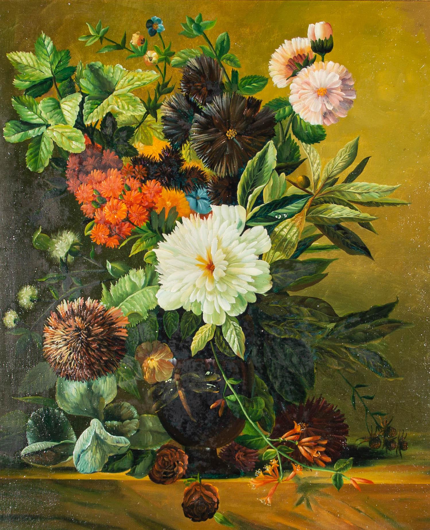 Huile du XXe siècle - Arrangement Dahlia - Marron Still-Life Painting par Unknown