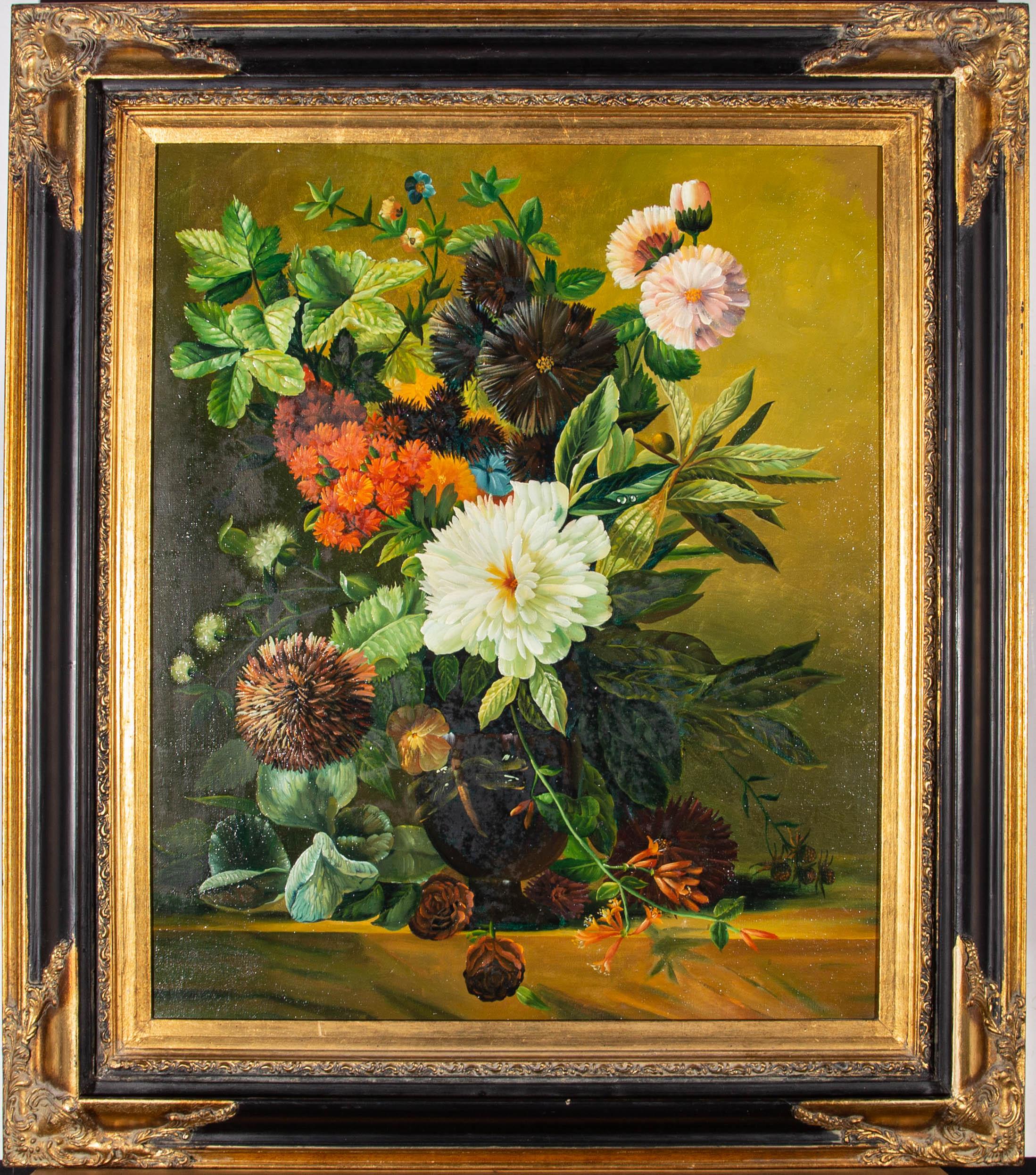 Unknown Still-Life Painting - 20th Century Oil - Dahlia Arrangement