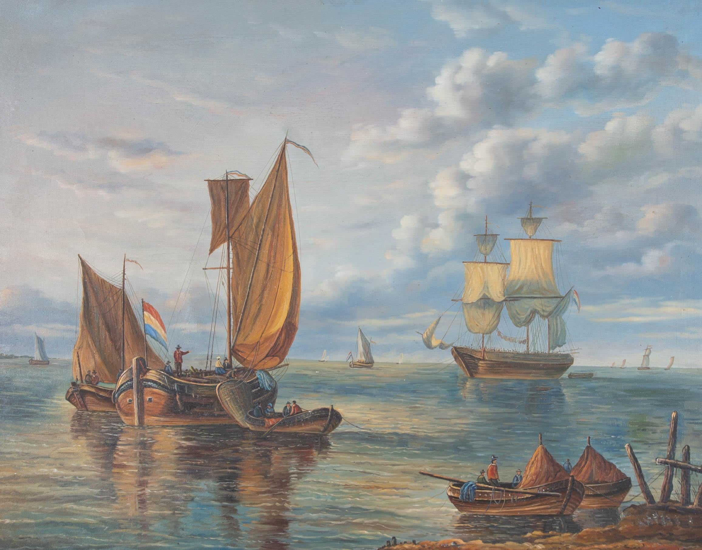 20th Century Oil - Dutch Barges and a Brig Schooner - Brown Figurative Painting by Unknown