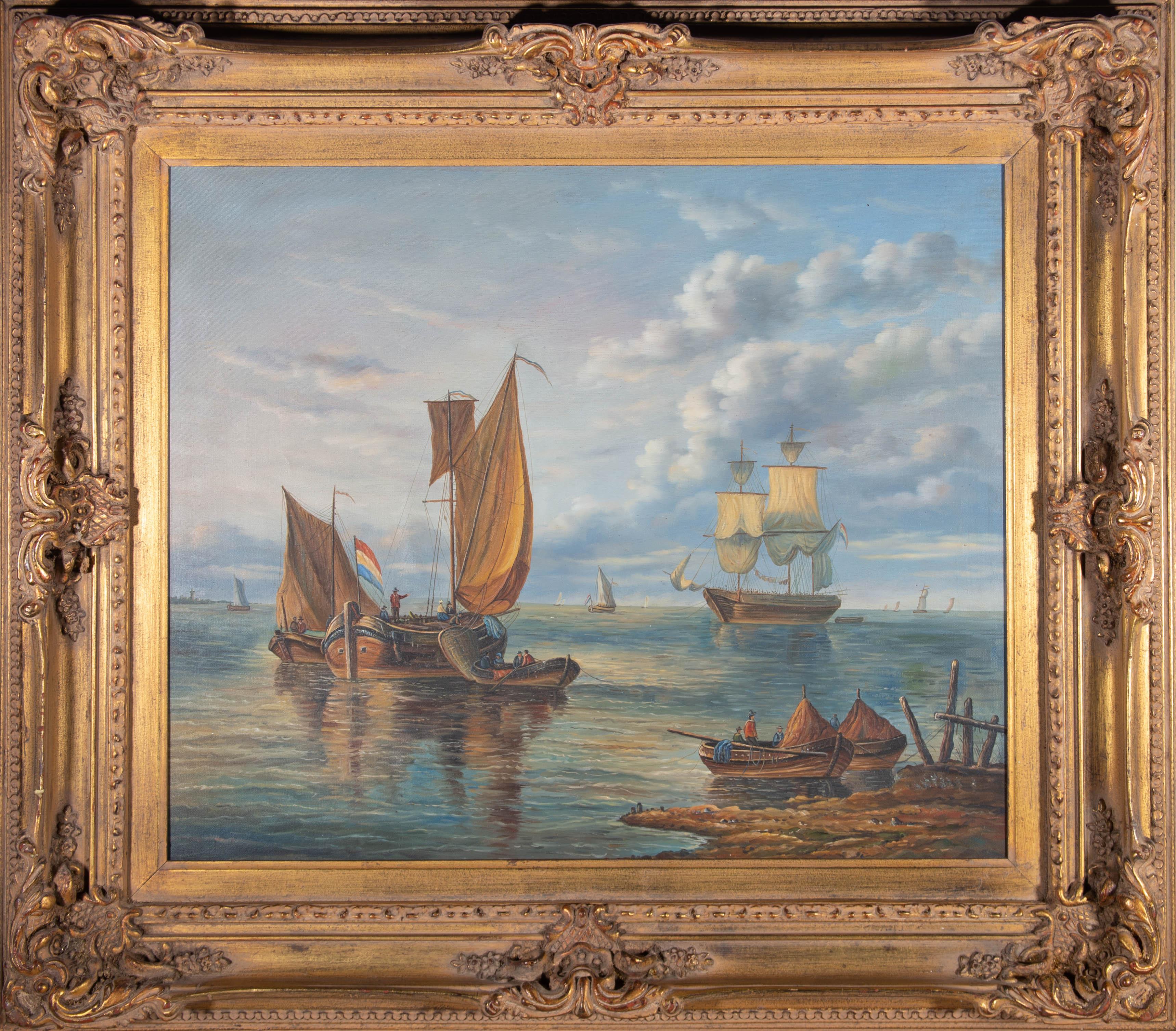 Unknown Figurative Painting - 20th Century Oil - Dutch Barges and a Brig Schooner