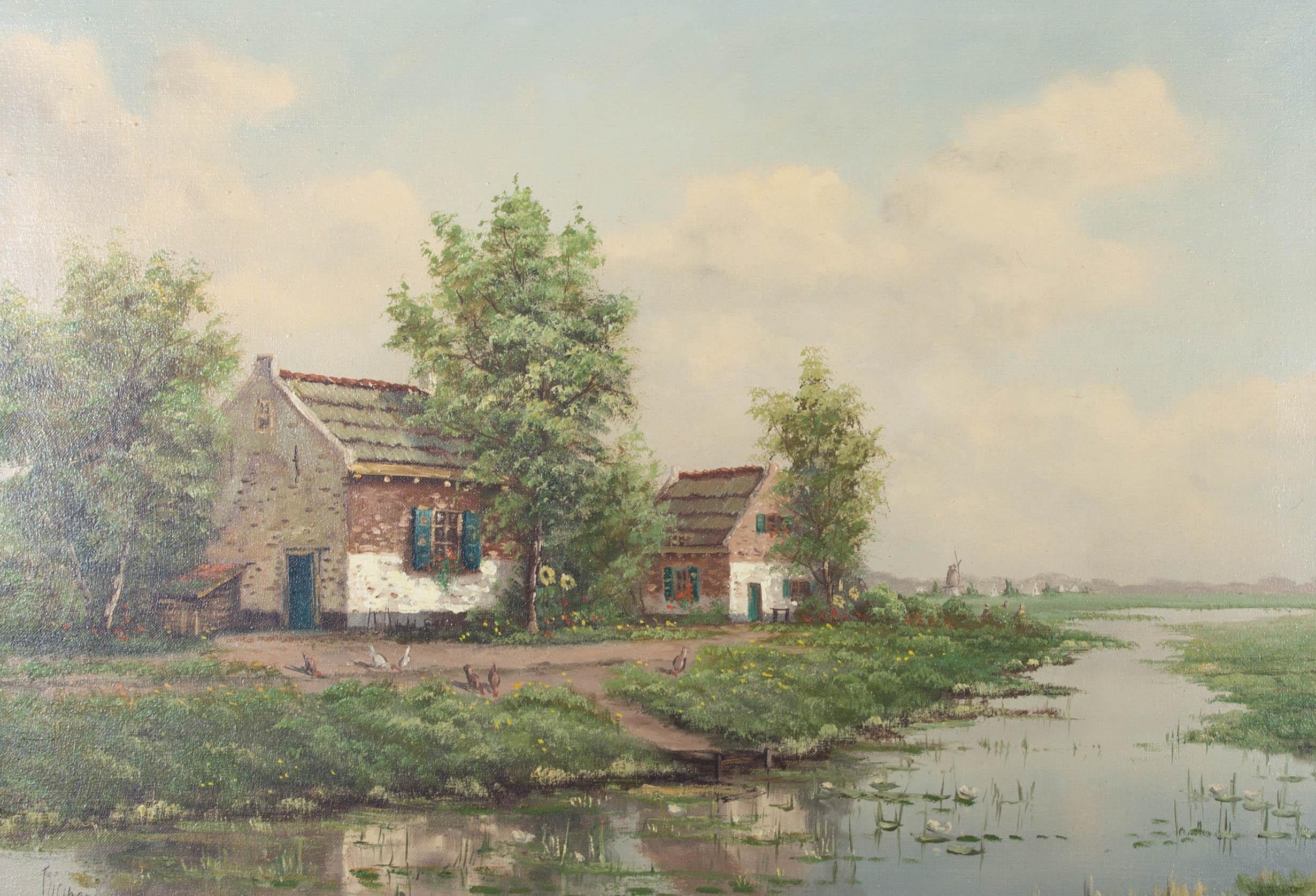 20th Century Oil - Dutch Farm Scene - Painting by Unknown