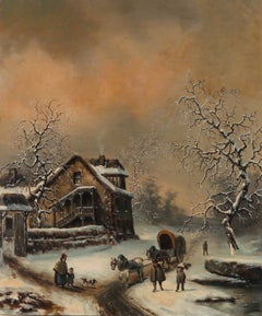 Huile du XXe siècle - Scène d'hiver de style néerlandais
