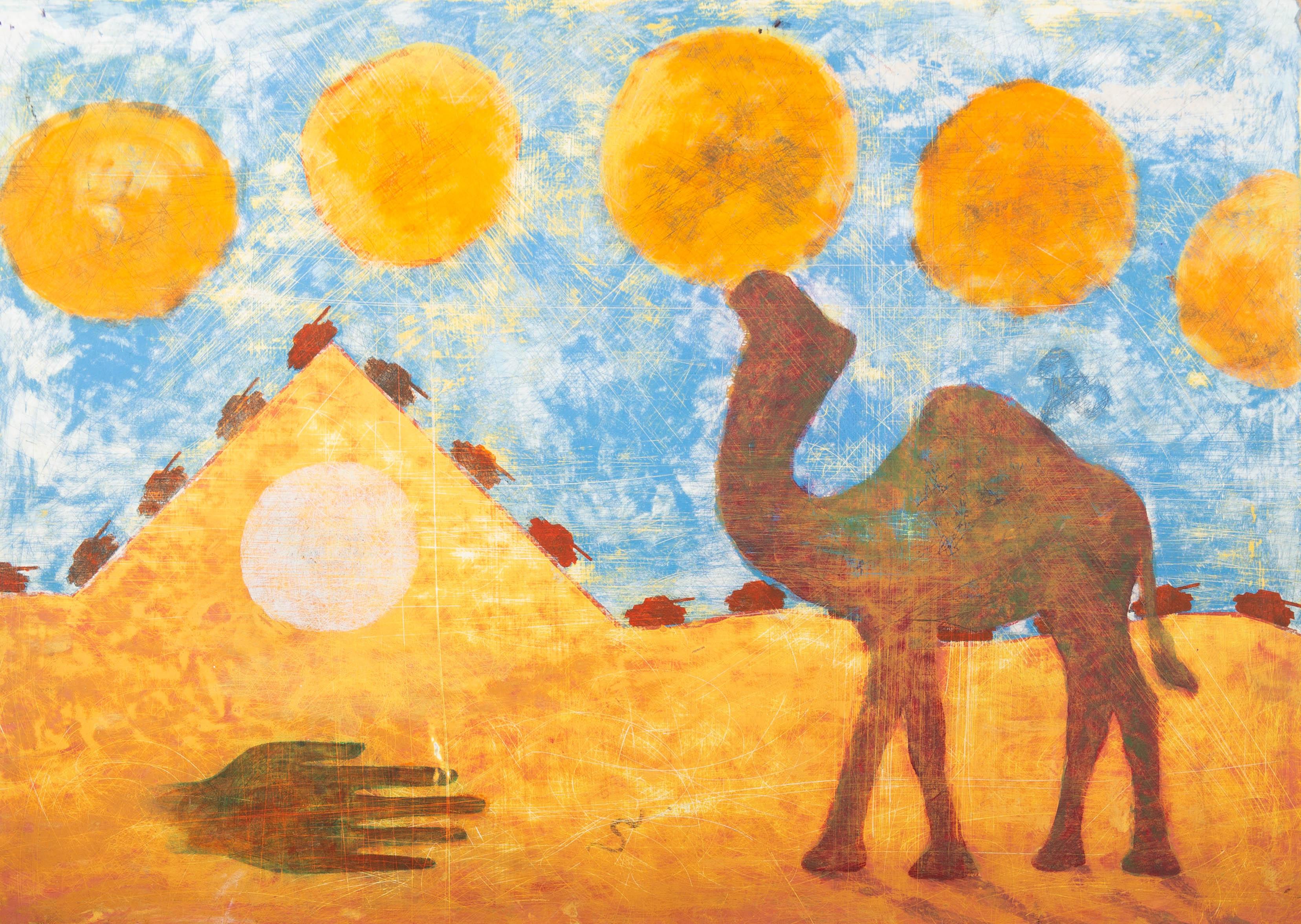 20th Century Oil - Egyptian Conflict - Orange Animal Painting by Unknown