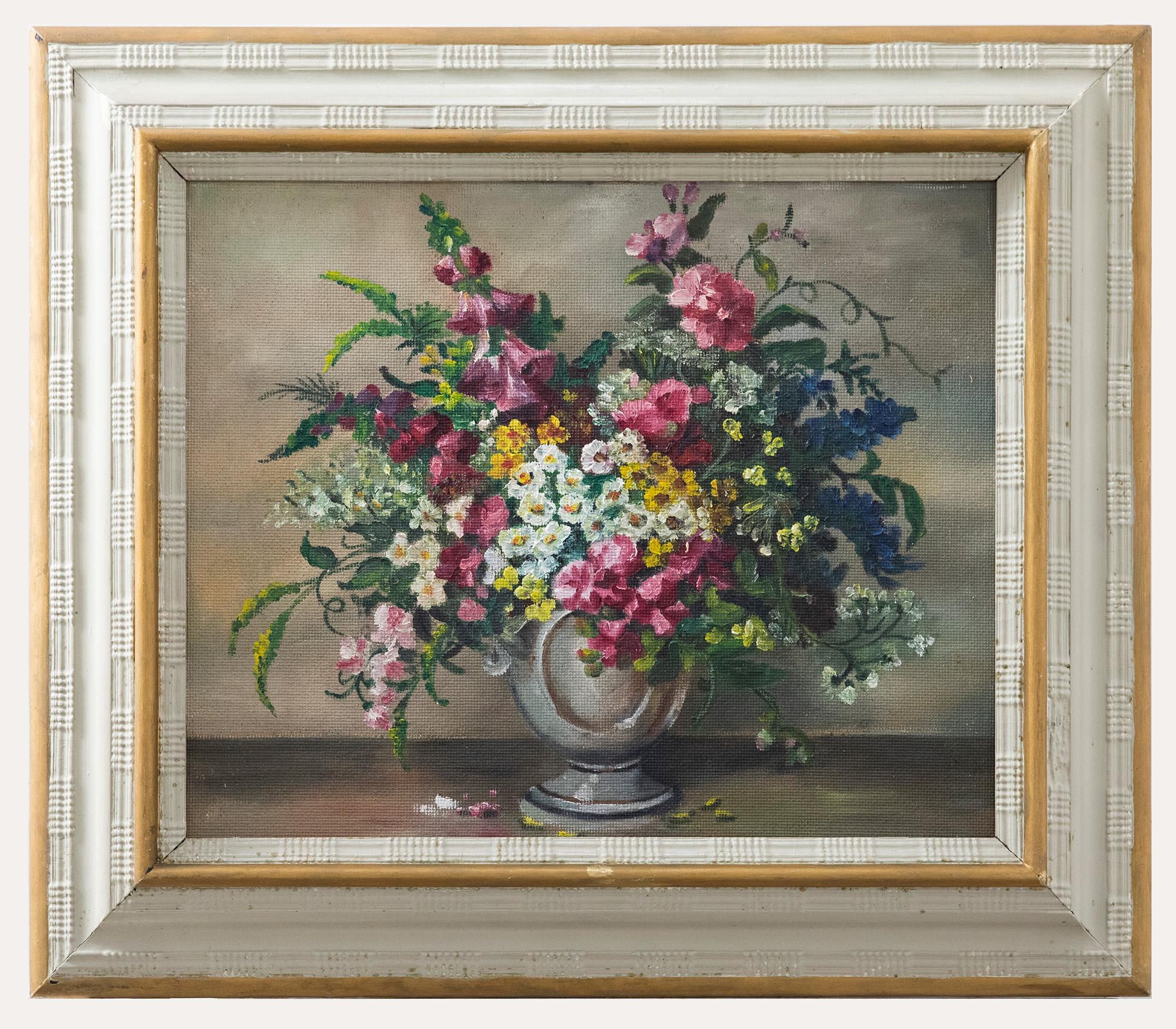 A charming still life study depicting a vase stuffed with foxgloves, roses and gladioli. The floral arrangement spills over the edges of the vase filling the composition with their vibrant colours. Unsigned. Presented in a part-gilt frame with