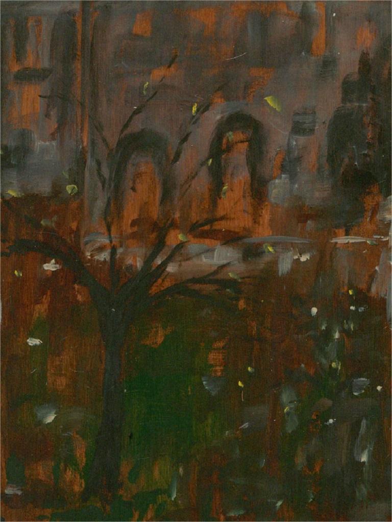 Olio del XX secolo - Veduta serale con albero - Painting di Unknown