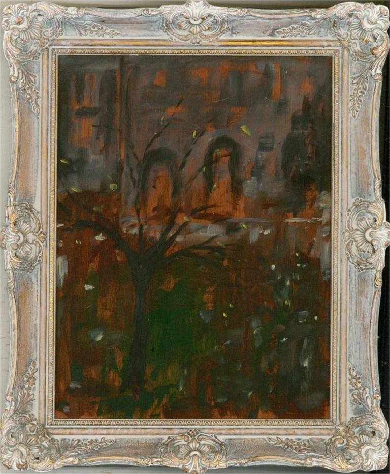 Landscape Painting di Unknown - Olio del XX secolo - Veduta serale con albero