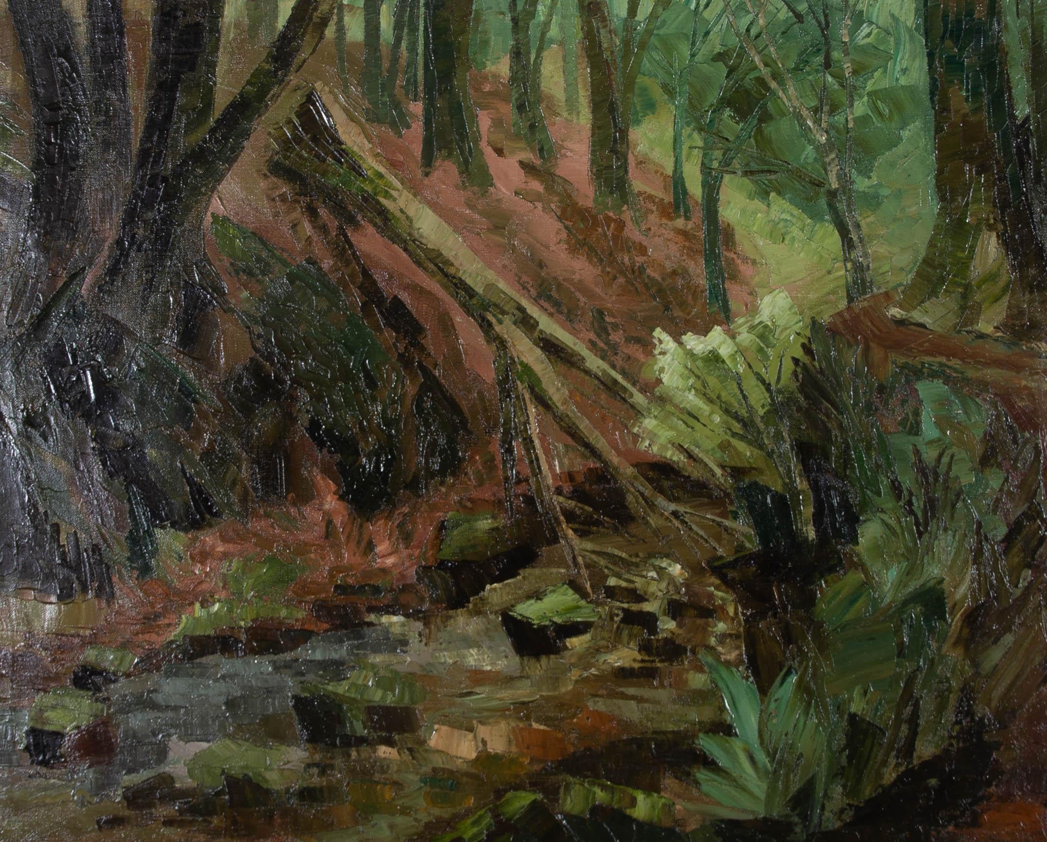 An earthy, rustic 20th Century oil showing a fallen tree lying on the bank of a forest stream. The artist has used flat square brush strokes to create an impasto, stylised image. The painting is unsigned and presented in a fine brushed gilt frame