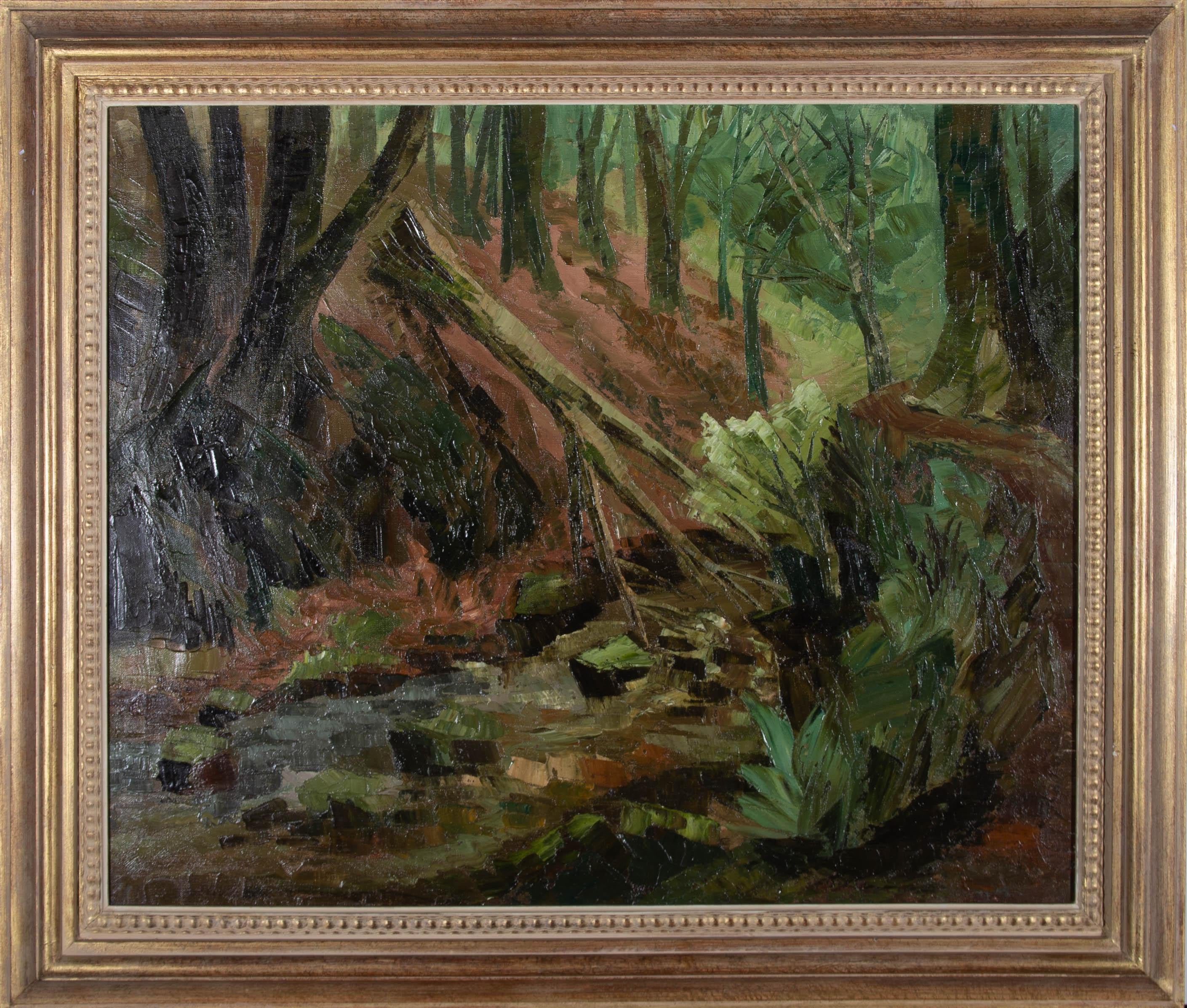 Landscape Painting di Unknown - Olio del XX secolo - Albero caduto