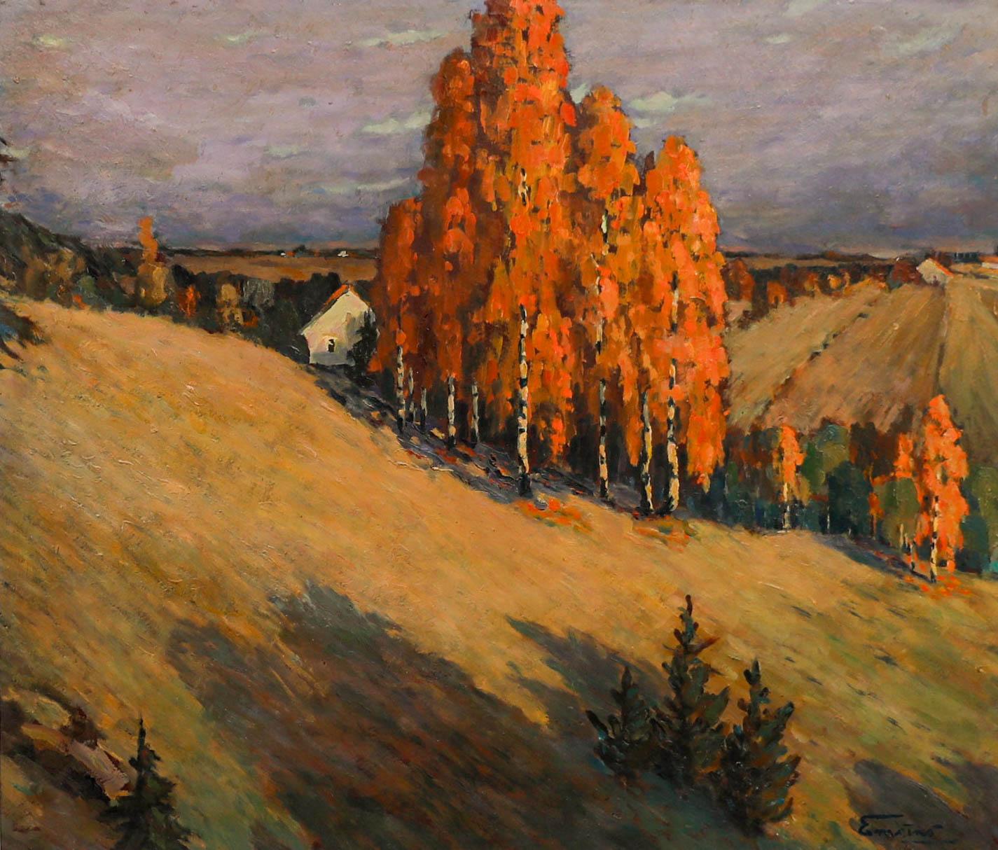 Olio del XX secolo - Terreni agricoli in autunno - Painting di Unknown