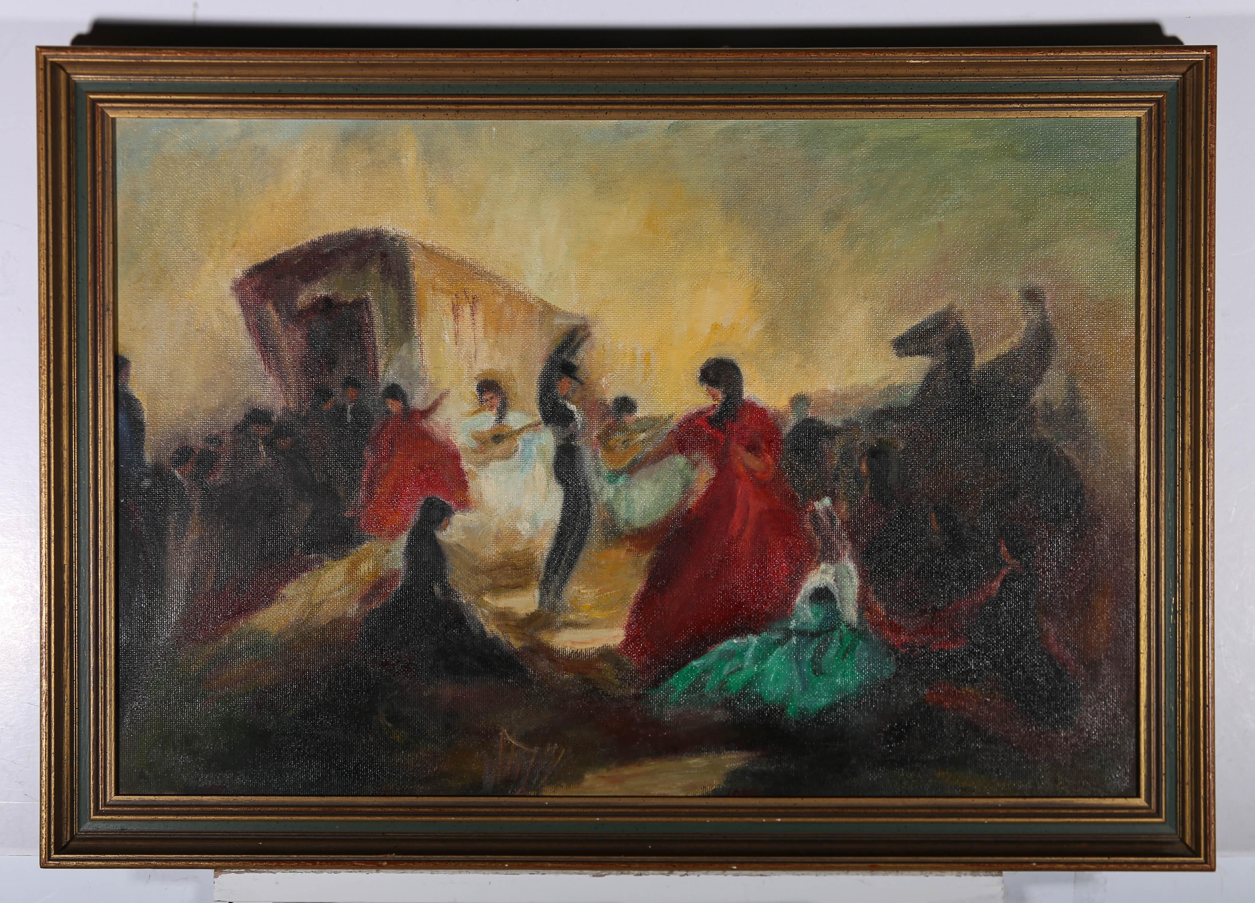 A dynamic 20th Century oil showing a group of passionate dancers in the middle of a fiery flamenco. The painting is unsigned and presented in a 20th Century frame. On board.


















