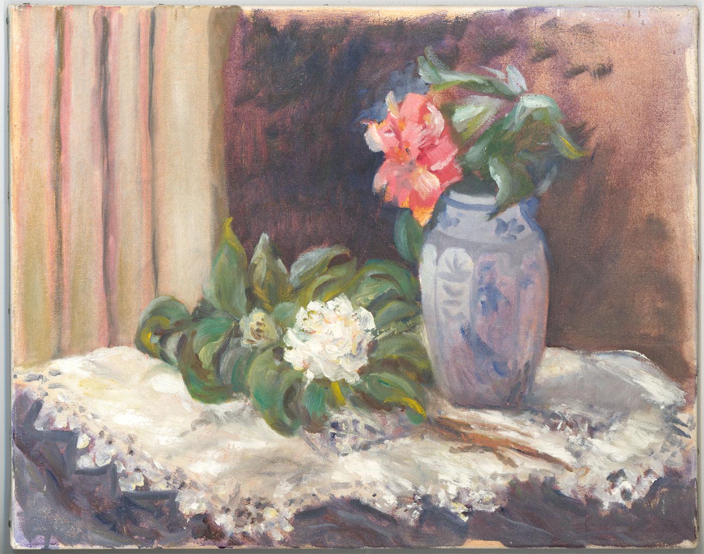 20th Century Oil - Floral Still Life in Blue - Painting by Unknown