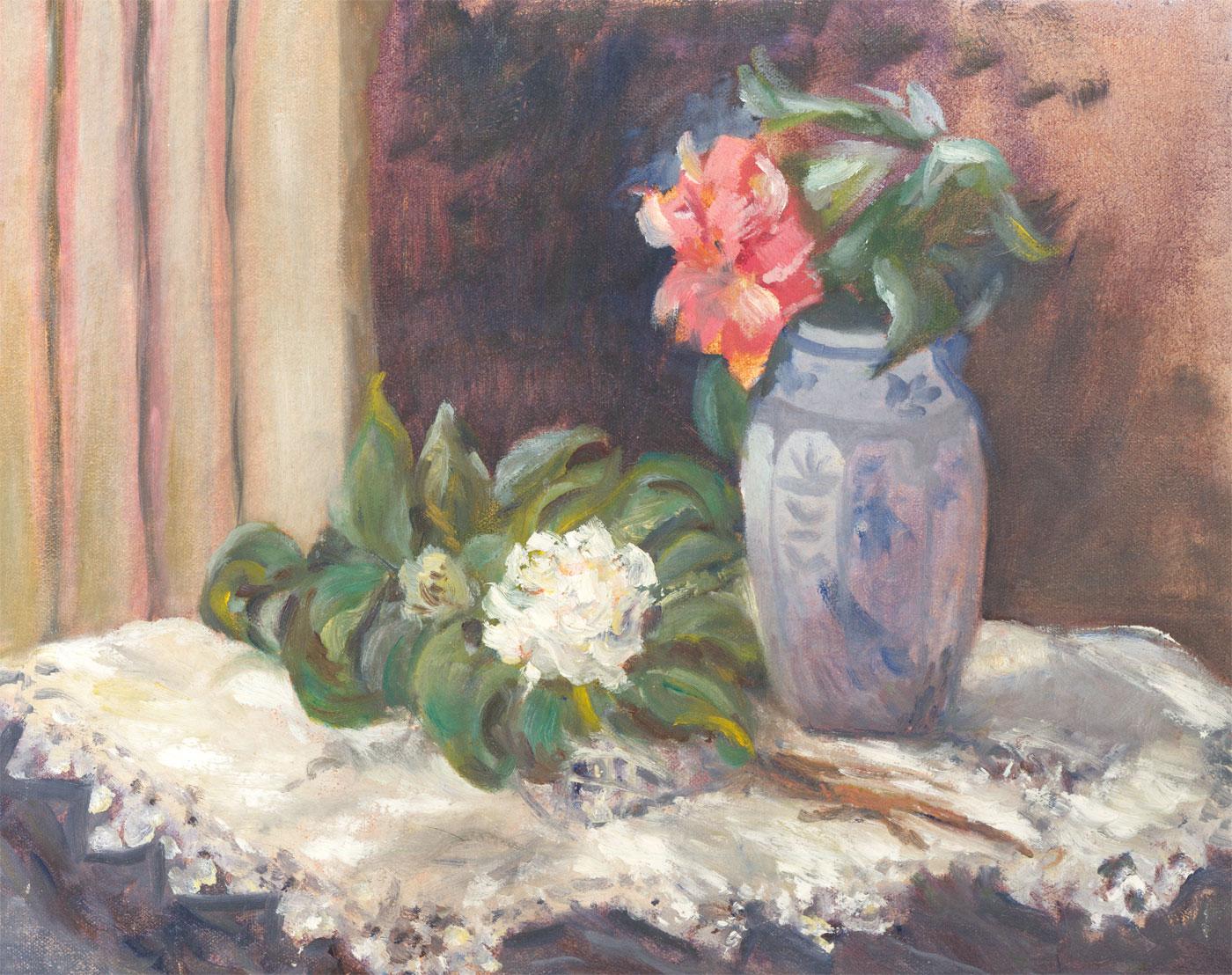 Unknown Still-Life Painting - 20th Century Oil - Floral Still Life in Blue