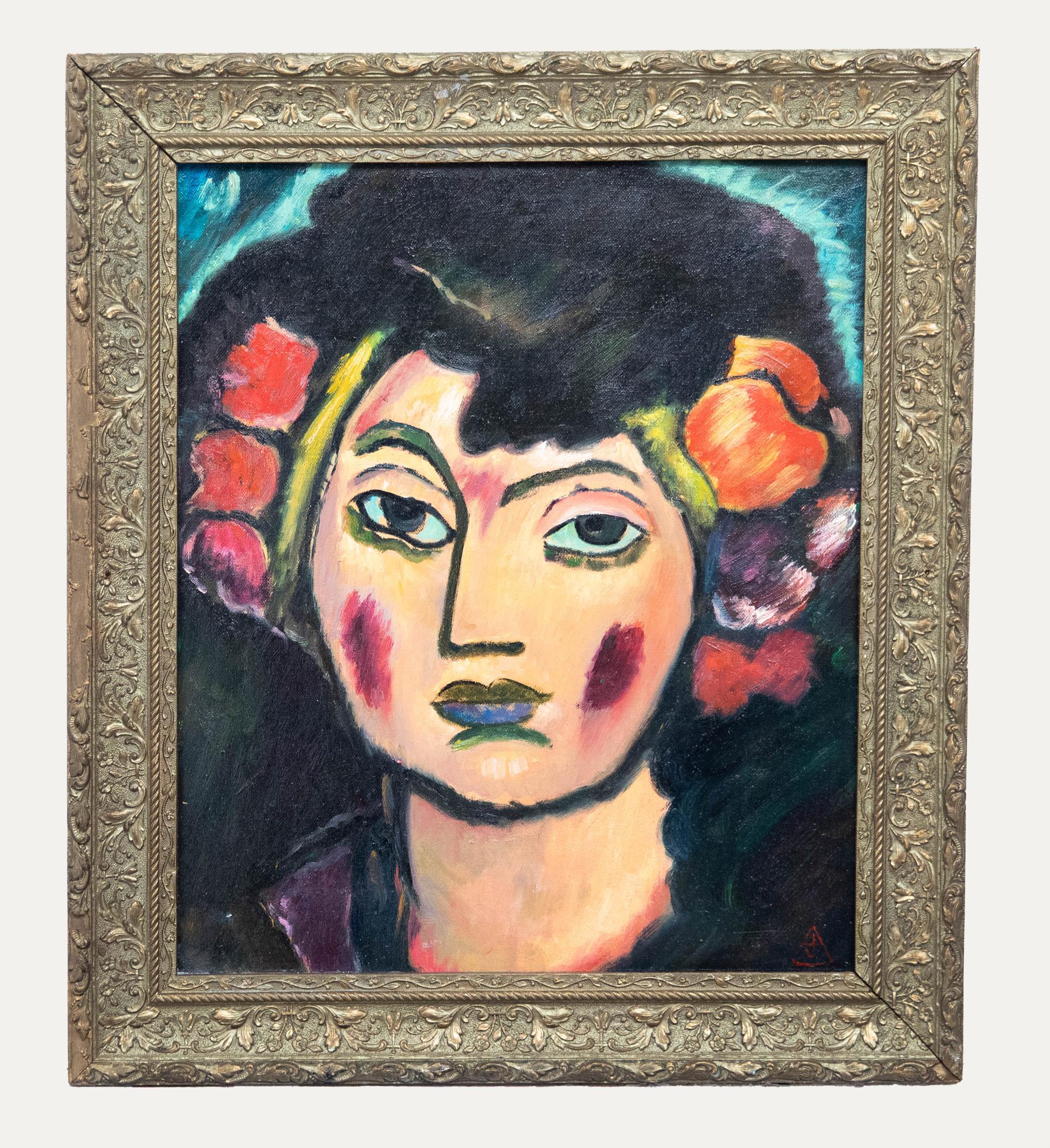 Unknown Portrait Painting - 20th Century Oil - Flowers in Her Hair
