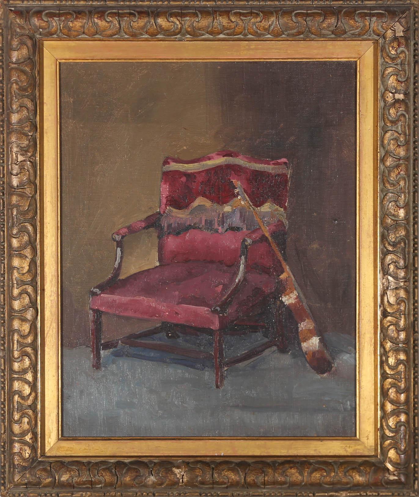 Unknown Interior Painting - 20th Century Oil - Gainsborough Chair And Guitar