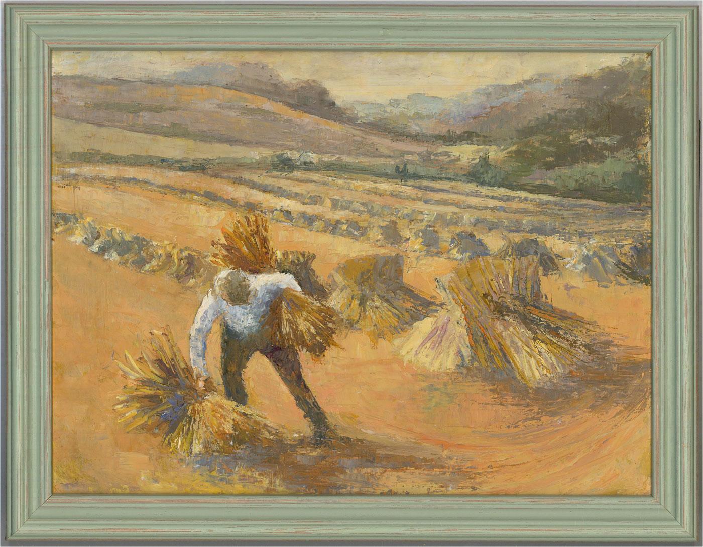 Unknown Landscape Painting - 20th Century Oil - Gathering the Straw