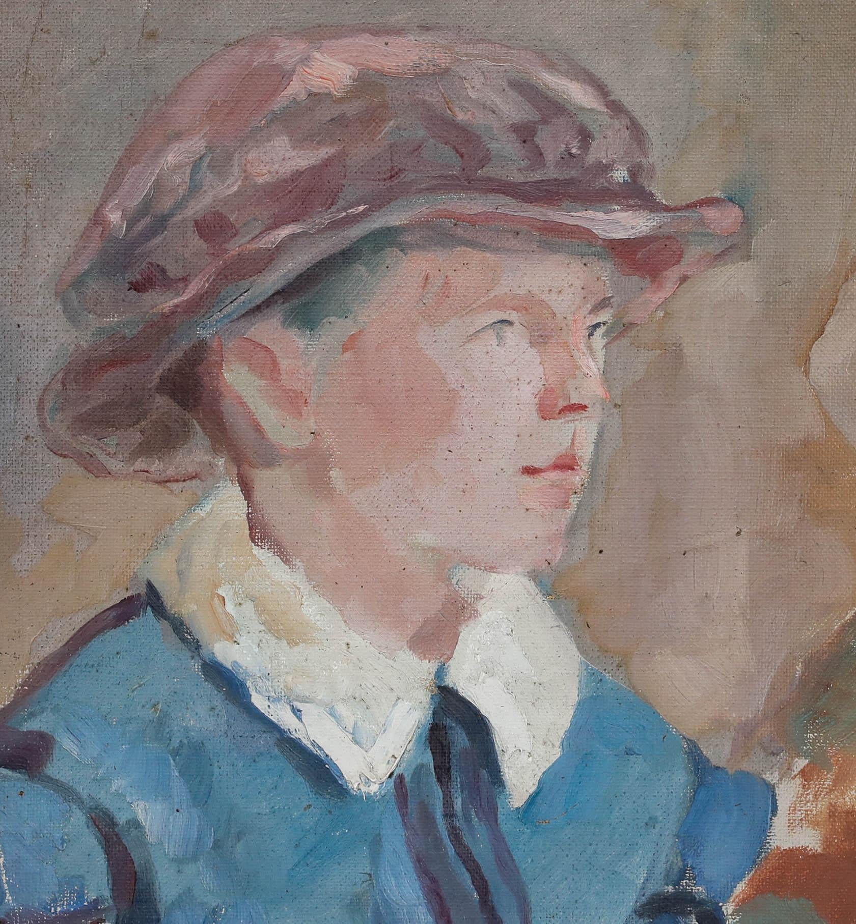 Óleo del siglo XX - Niña con sombrero rosa - Painting de Unknown