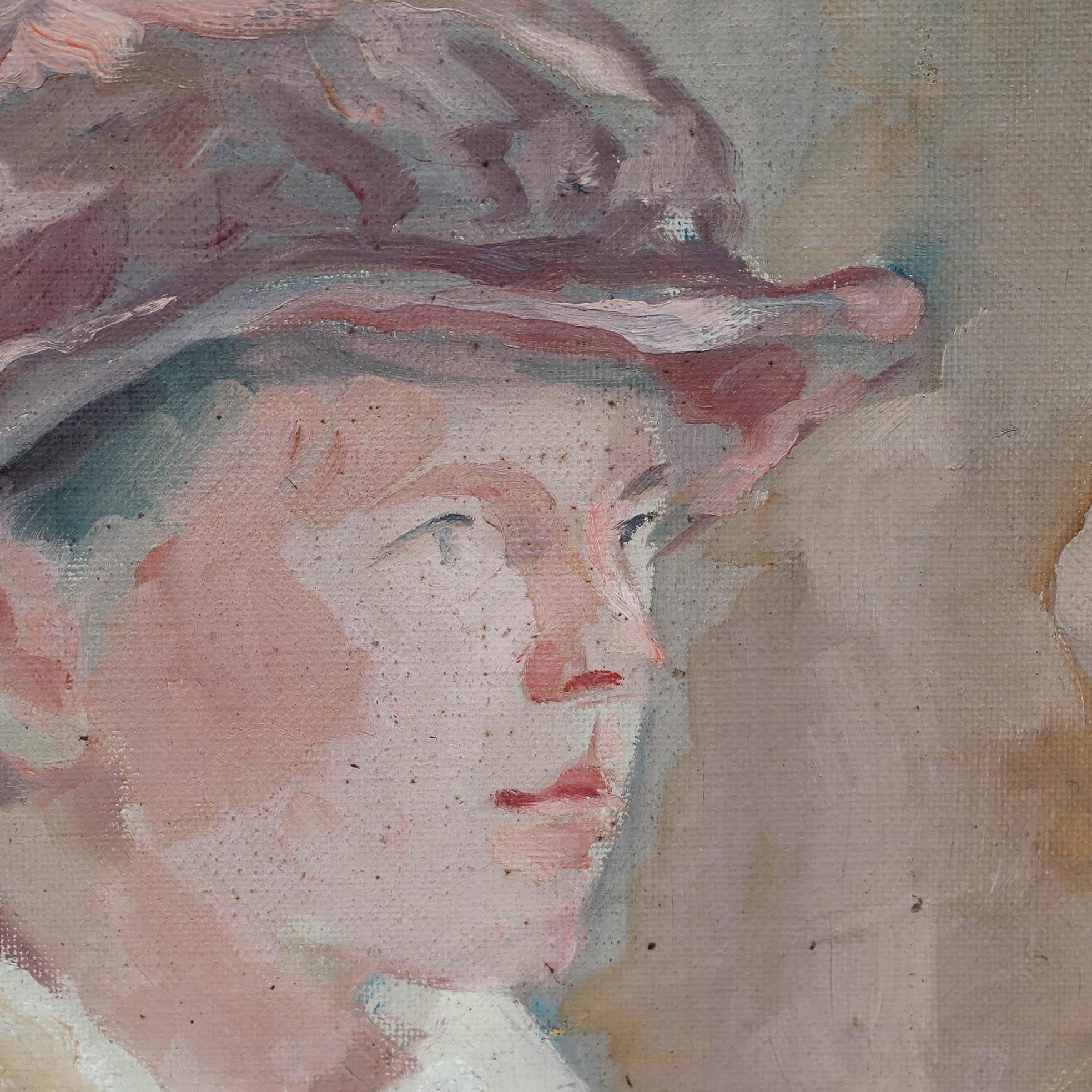Óleo del siglo XX - Niña con sombrero rosa - Portrait Painting Gris de Unknown