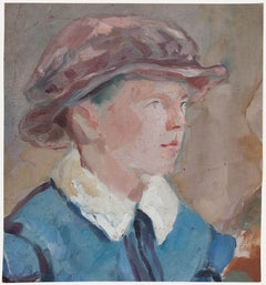 Óleo del siglo XX - Niña con sombrero rosa