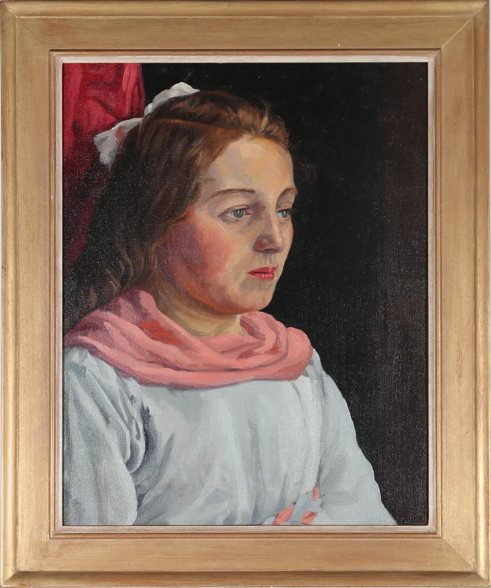Olio del XX secolo - Ragazza in rosa e blu - Portrait Painting Marrone di Unknown