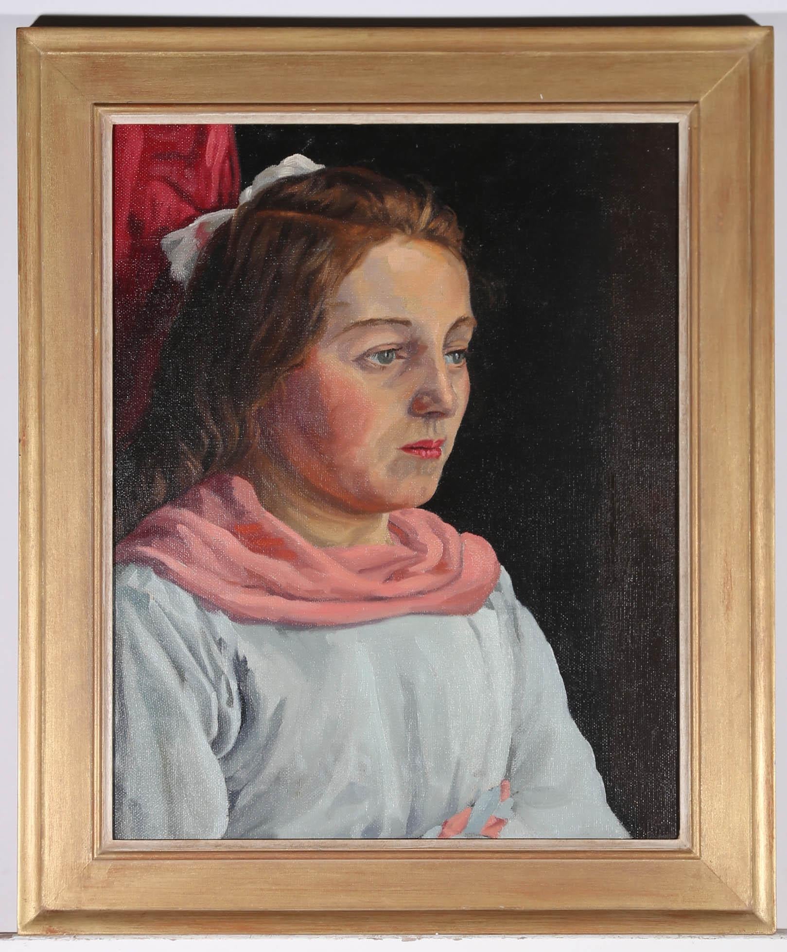 Olio del XX secolo - Ragazza in rosa e blu in vendita 1