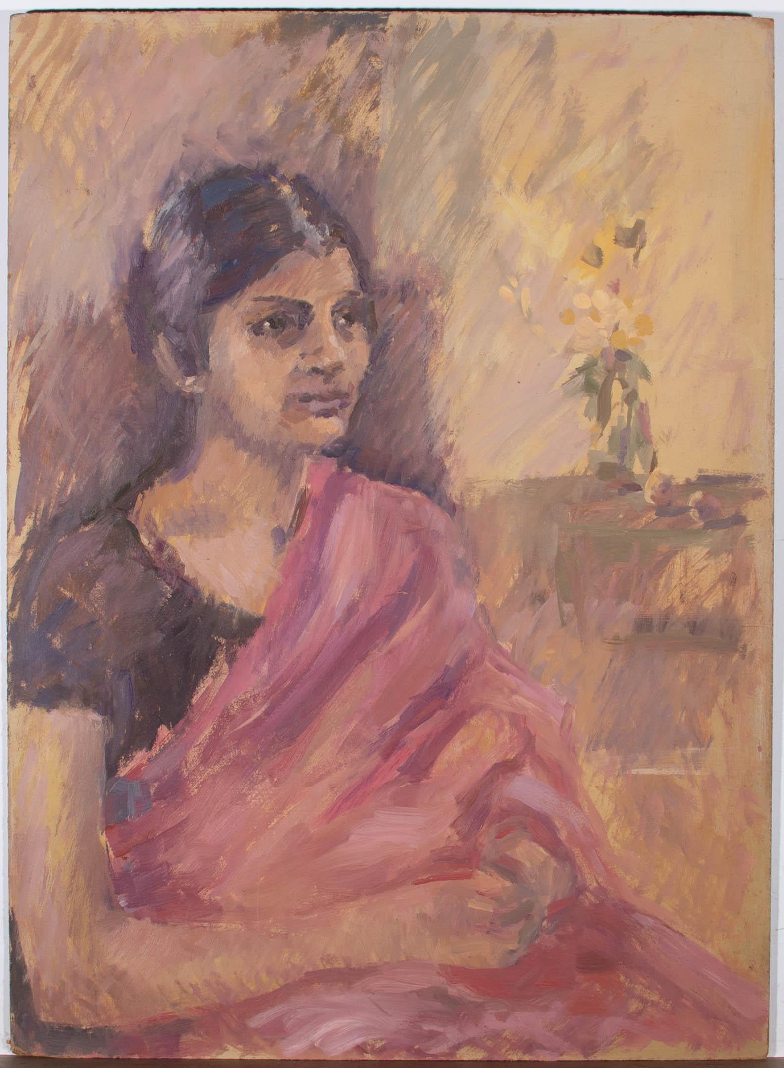 Ölgemälde – Mädchen in rosa Saree, 20. Jahrhundert – Painting von Unknown