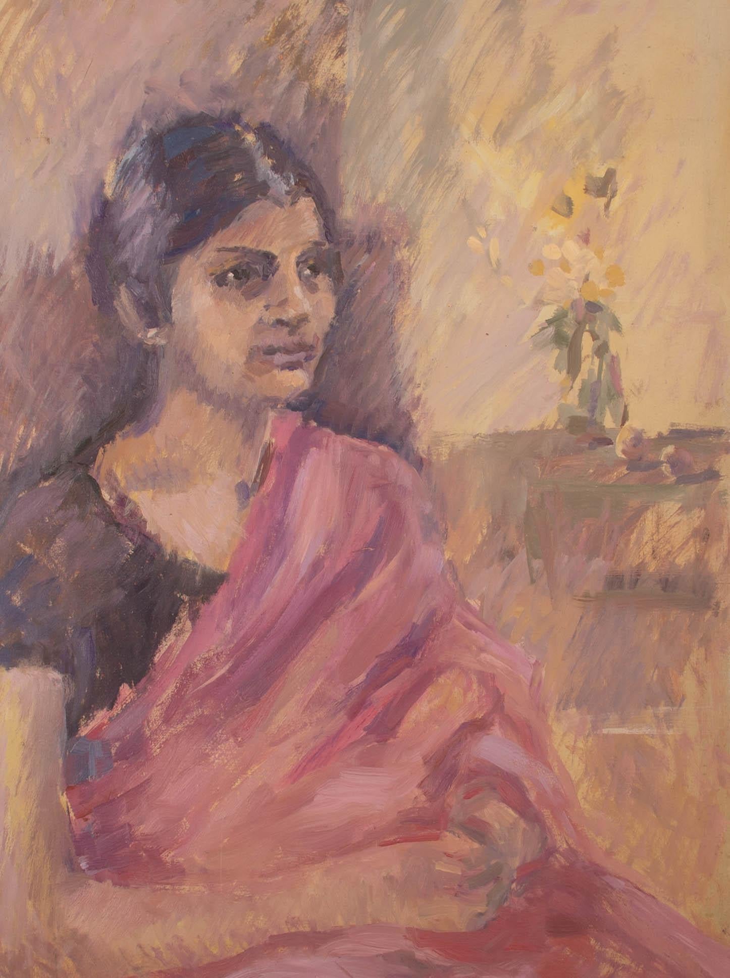 Ölgemälde – Mädchen in rosa Saree, 20. Jahrhundert 1