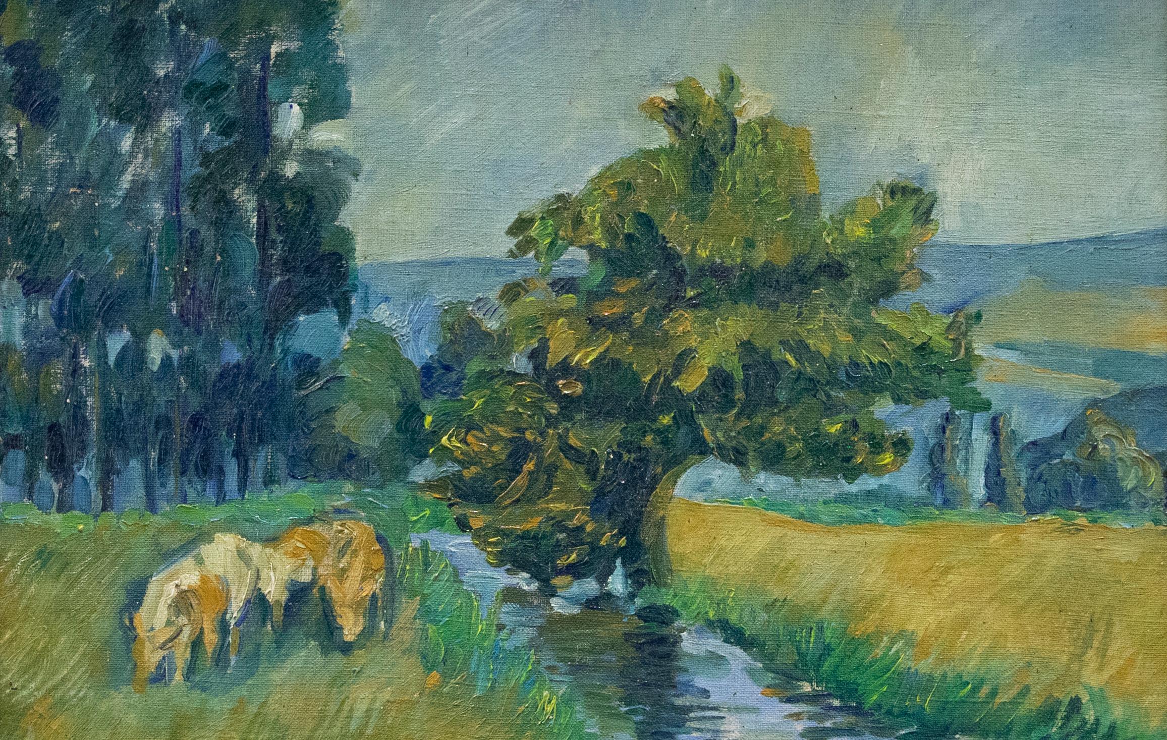 20th Century Oil, Grazing by the Stream - Painting by Unknown
