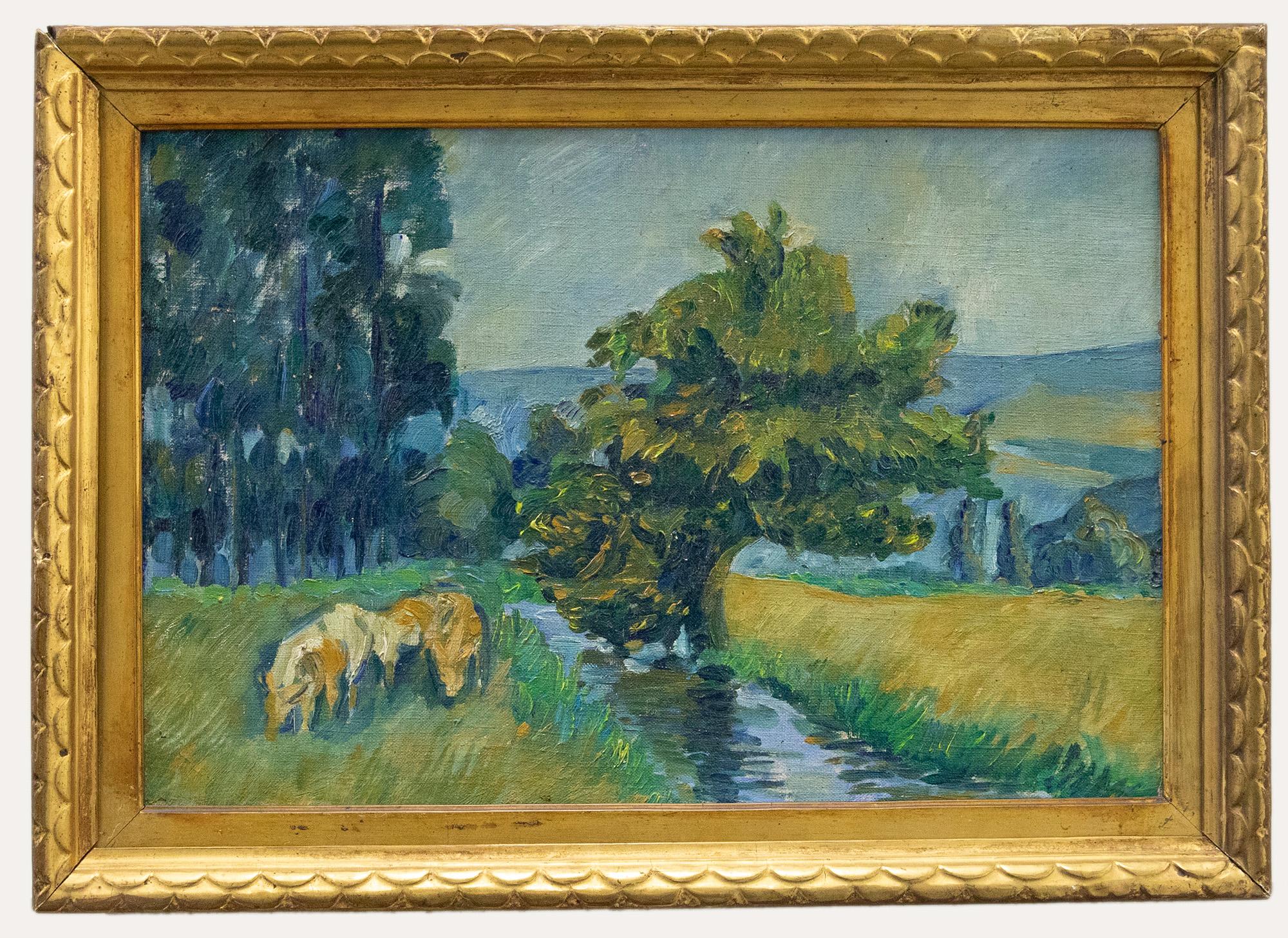 Unknown Landscape Painting - 20th Century Oil, Grazing by the Stream